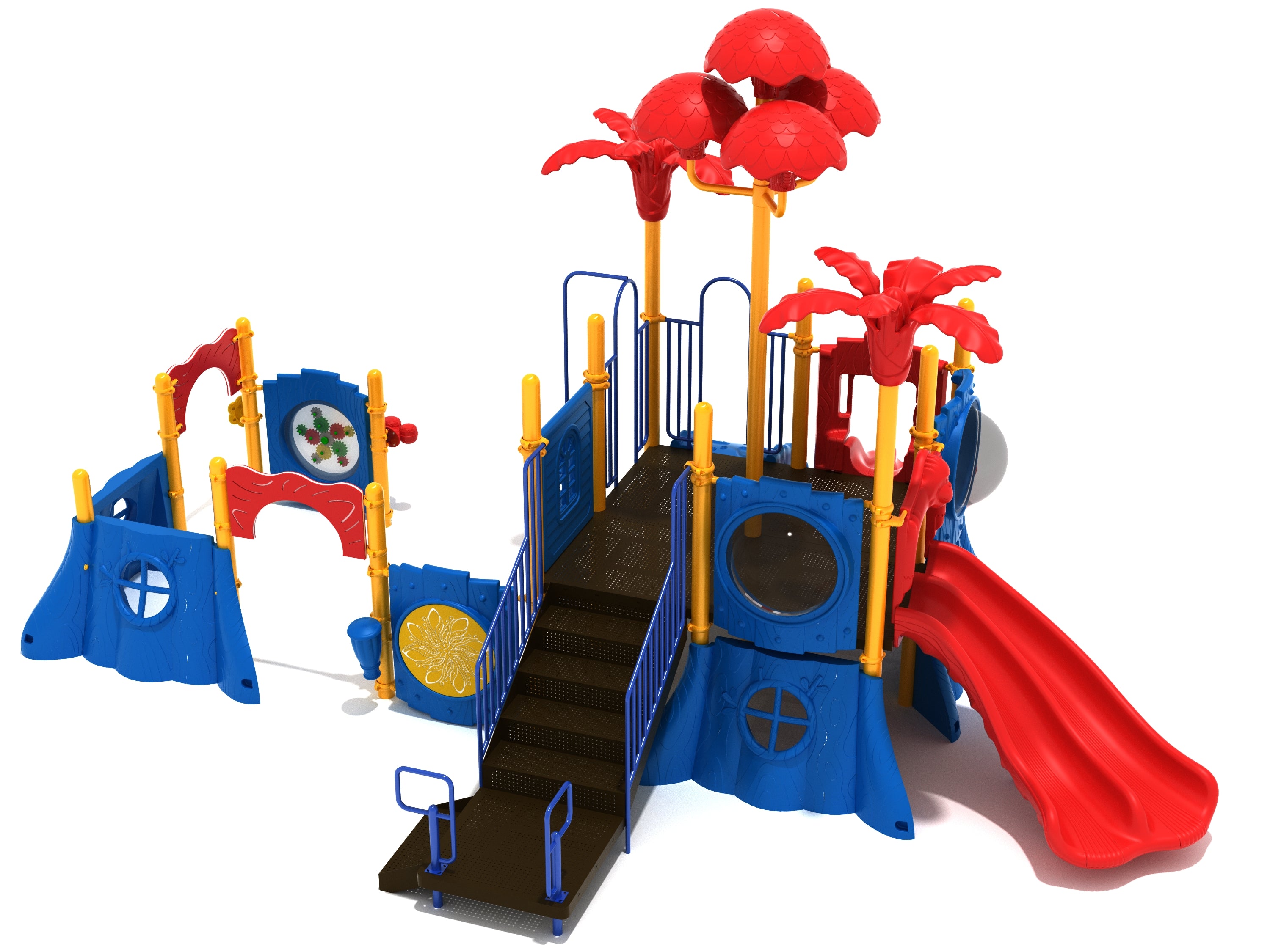 Colorful playground structure with red slides, blue panels, yellow posts, and red tree-shaped canopies.
