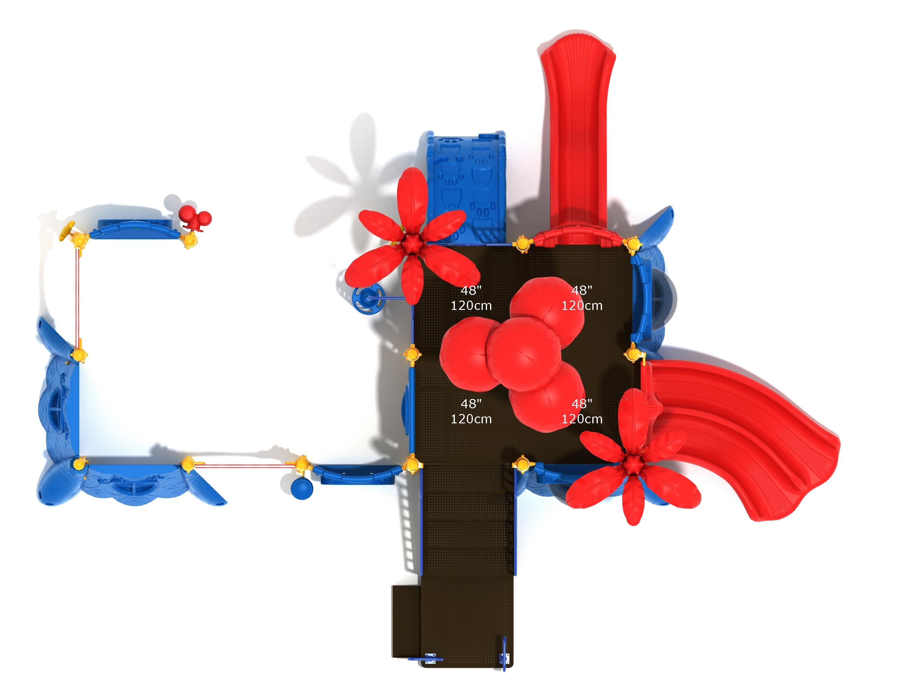 Overhead view of colorful playground with red slides, blue climbing elements, and red flower-shaped canopies