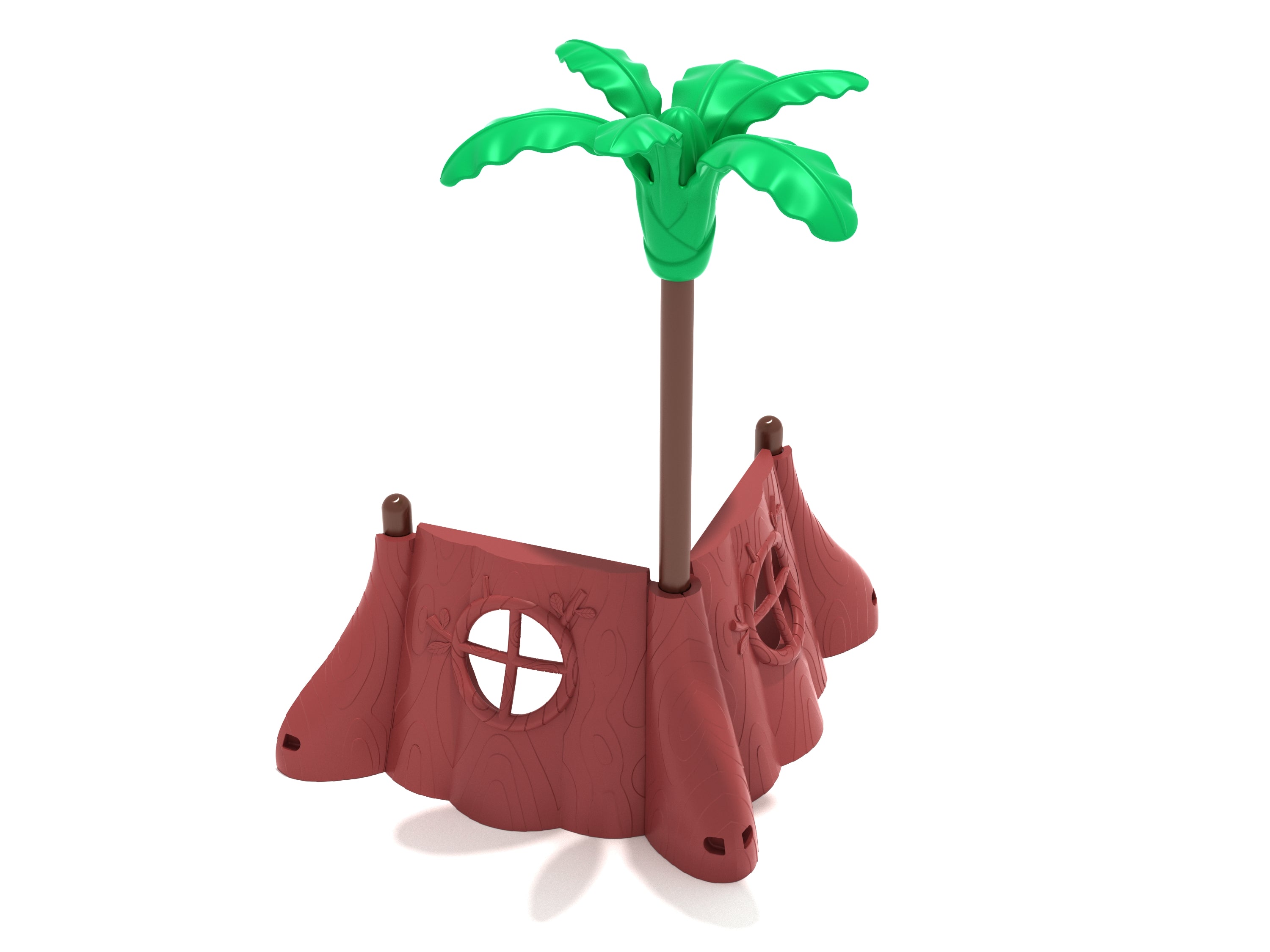 Corner of Palm Playground with textured tree-trunk walls, Stump Window Panels, and tall green palm for jungle-themed play, Palm Playground Large Play Systems