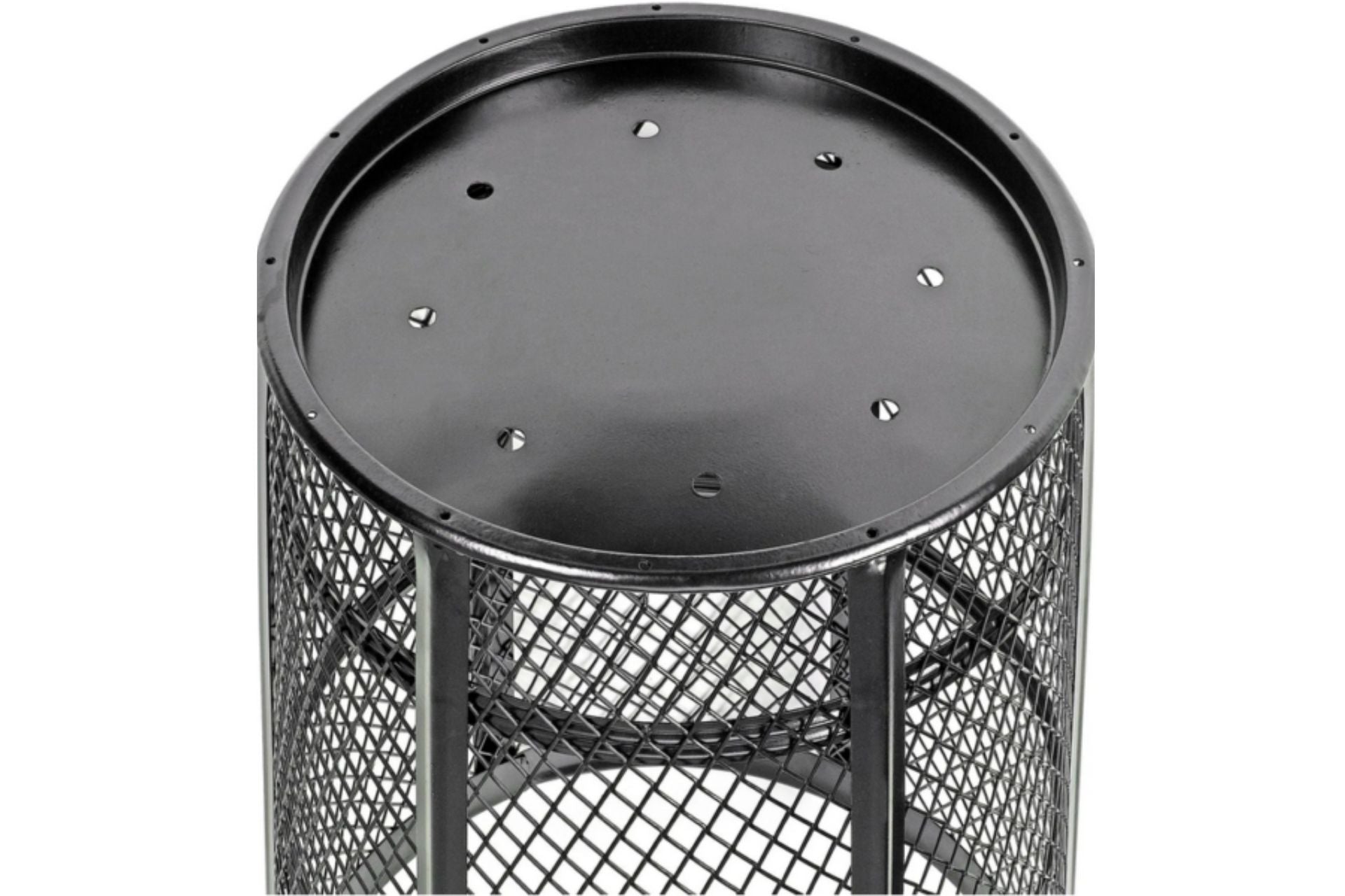 Black steel mesh outdoor trash can with corrosion-resistant expanded metal body and reinforced bands