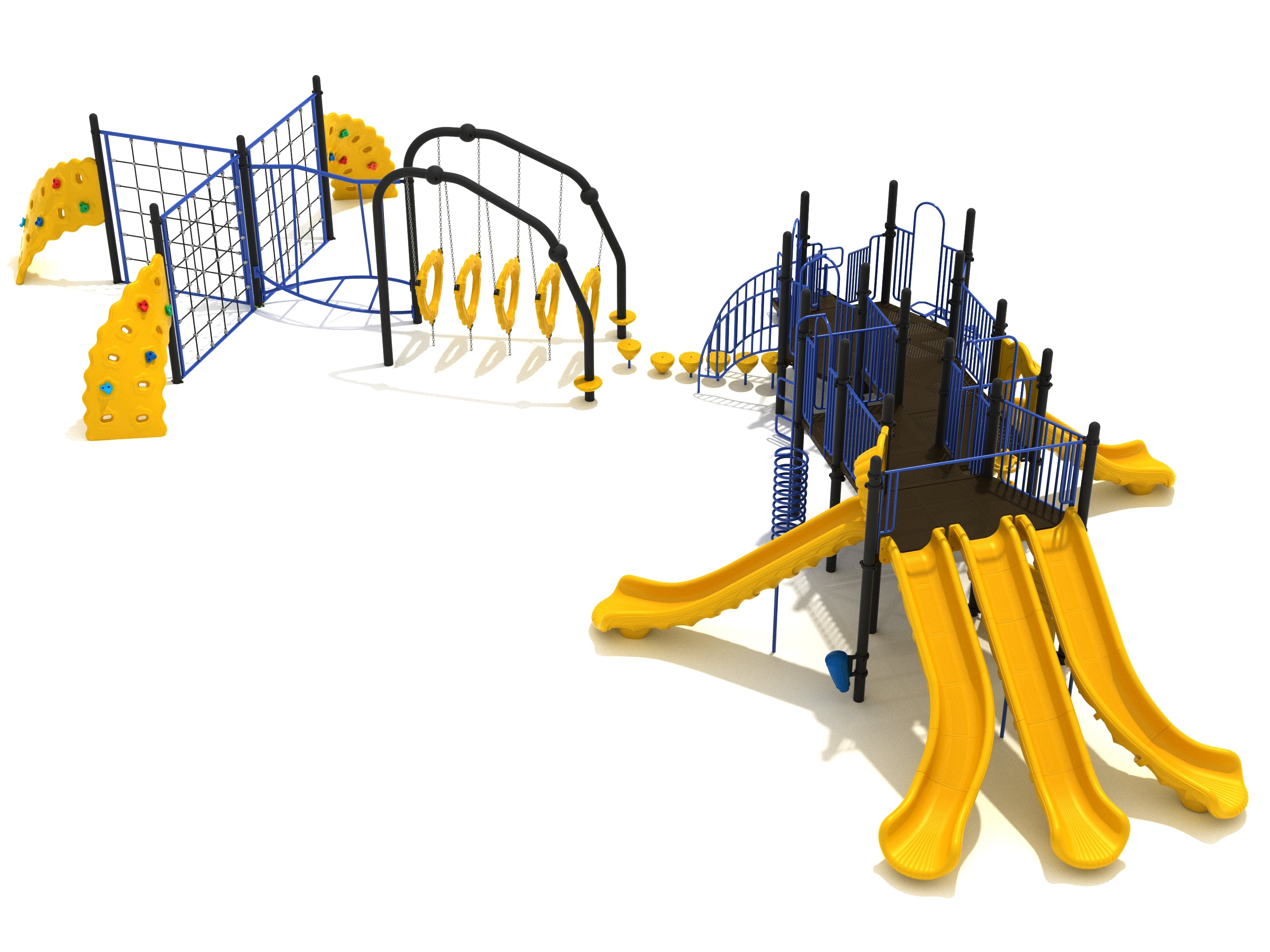 Elevated playground structure with multiple yellow slides, blue climbing nets, ring swings, and balance stepping pods.