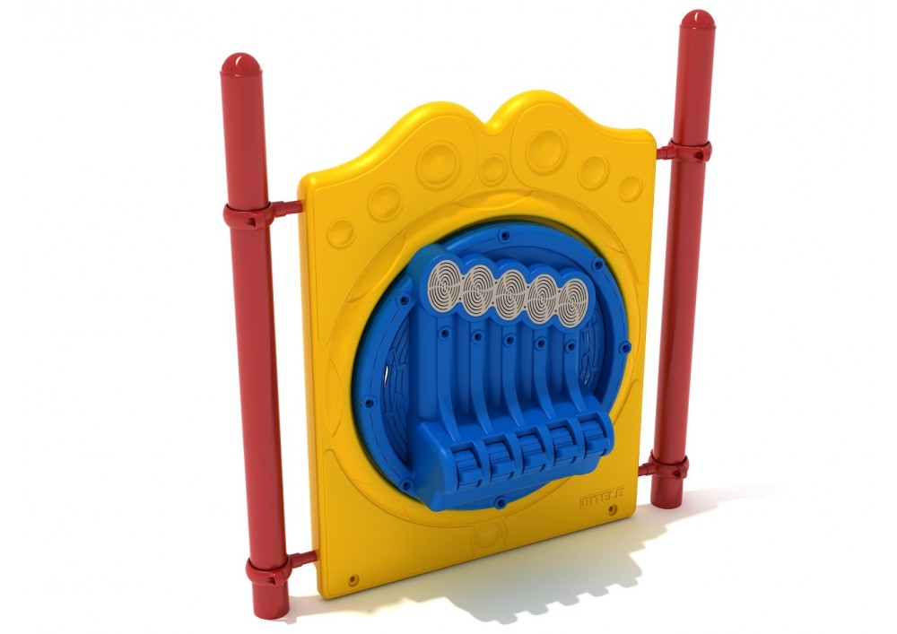Freestanding Chime Panel with Posts featuring six blue chime levers on a yellow panel framed by red posts for playground music play