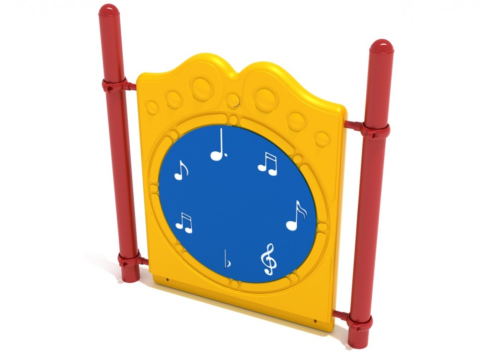 Freestanding playground chime panel with yellow frame, blue circular center, white musical note figures, and red support posts