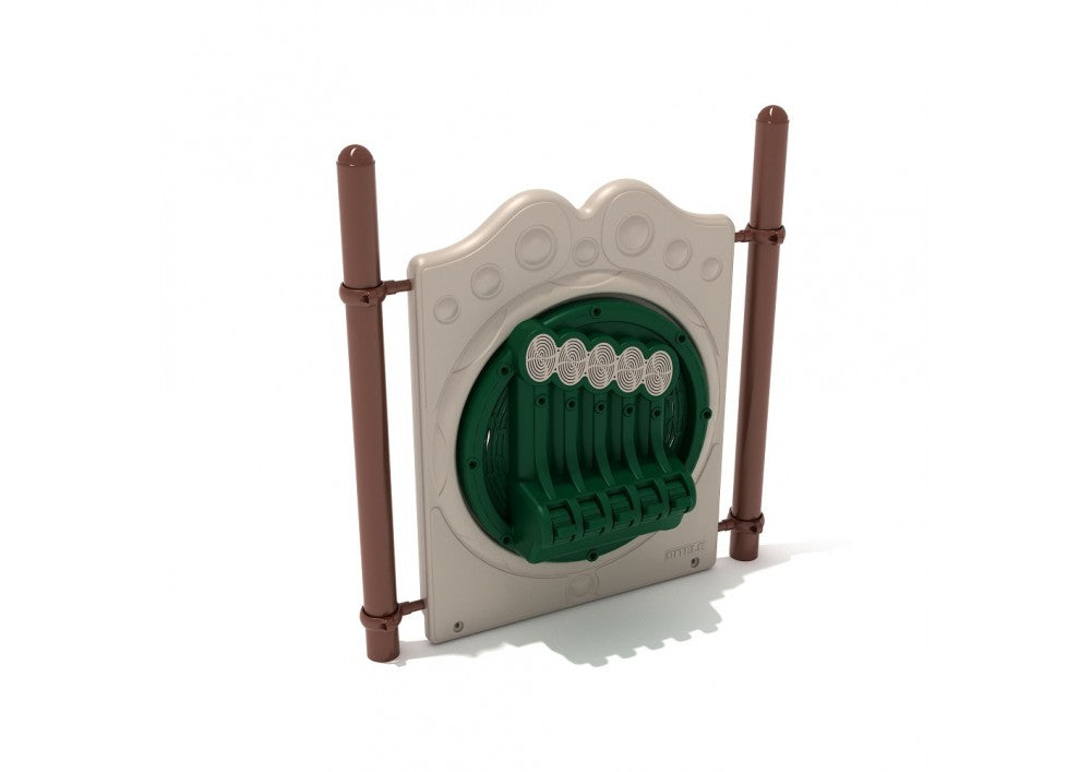 Freestanding playground chime panel with six metal levers and brown posts for interactive musical play