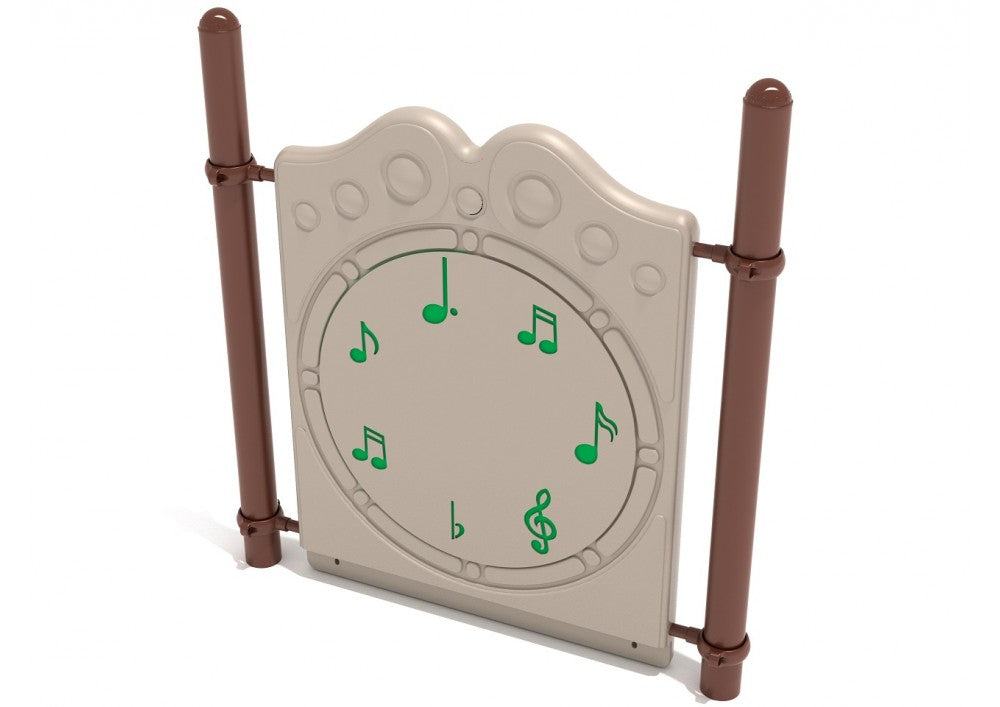 Freestanding playground chime panel with six green musical note figures on beige surface, supported by brown posts