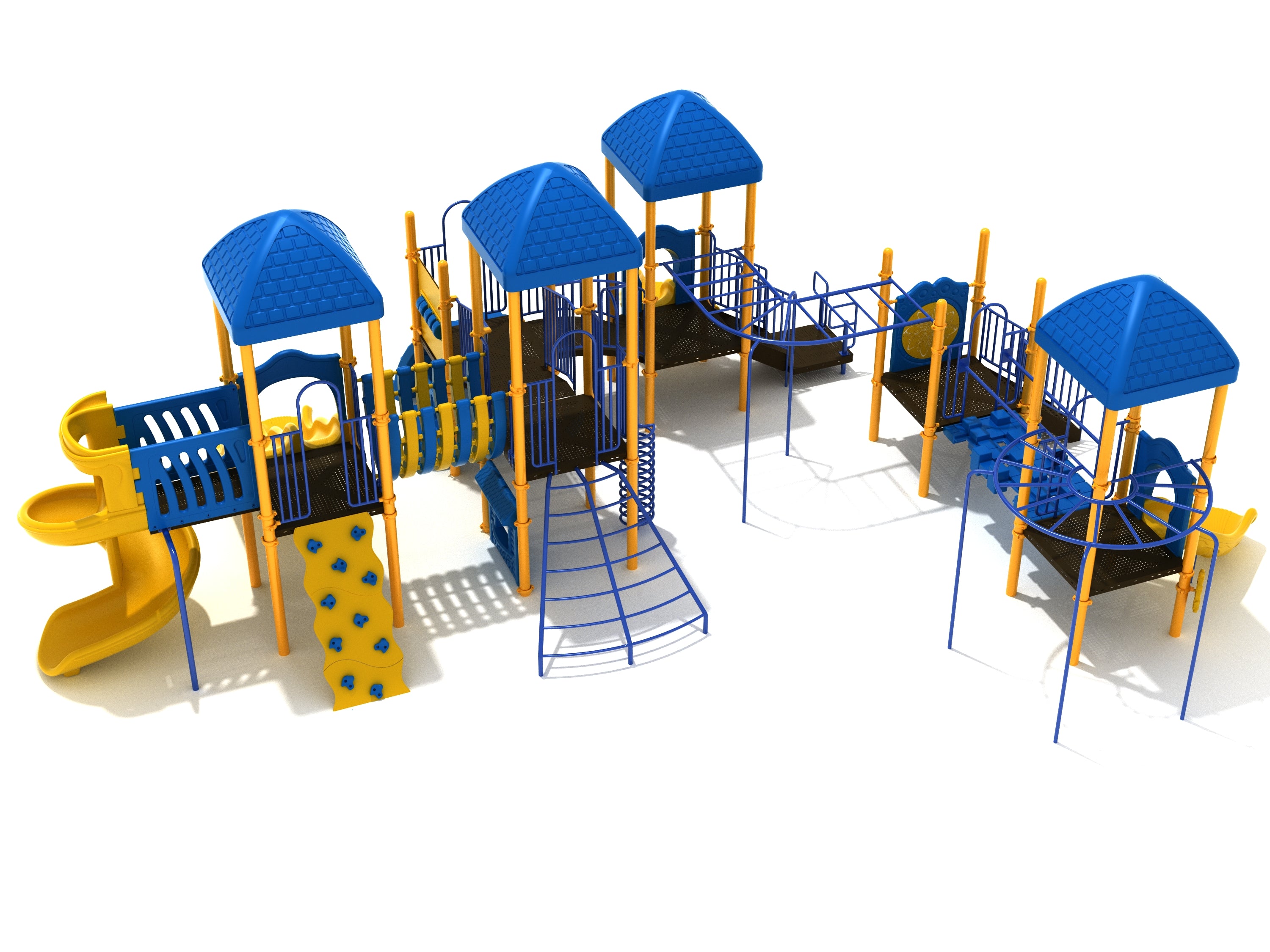 Commercial playground structure with blue roofs, yellow slides, climbing walls, metal frames, and interactive play features.