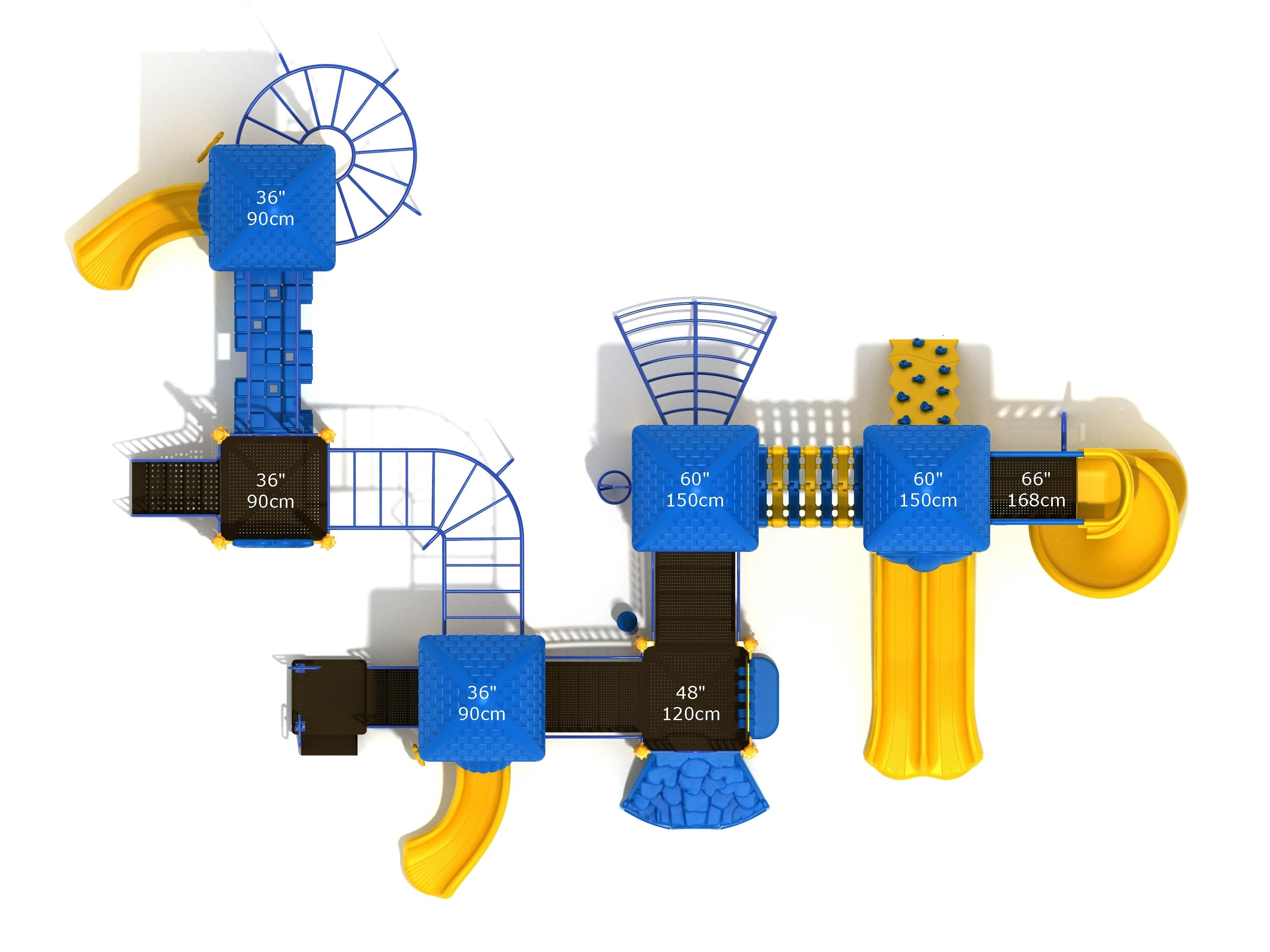 Overhead view of commercial playground with blue platforms, yellow slides, climbing structures, and connecting bridges
