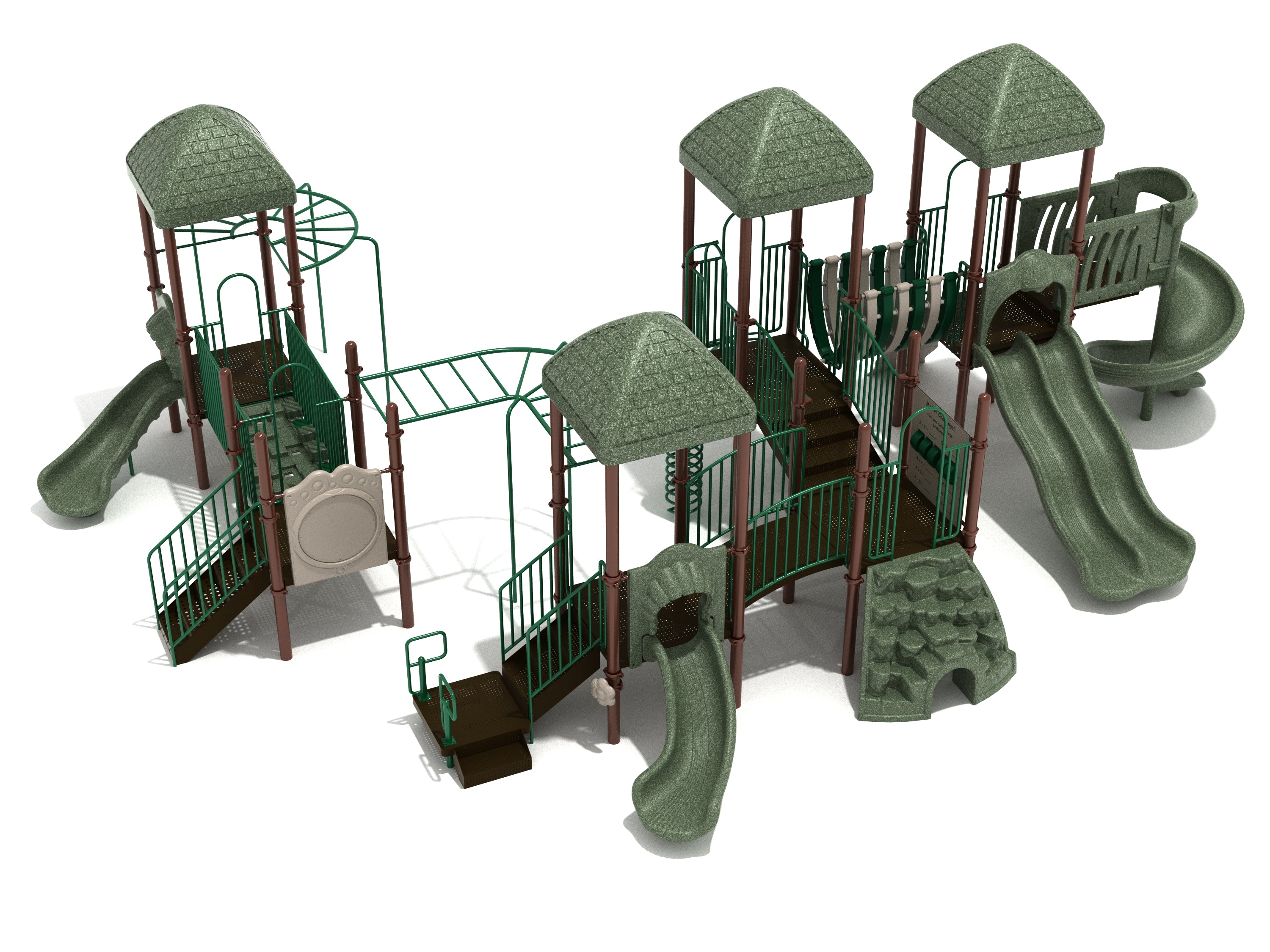 Commercial playground structure with green slides, climbing walls, bridges, multiple towers with roofs, and interactive play features.