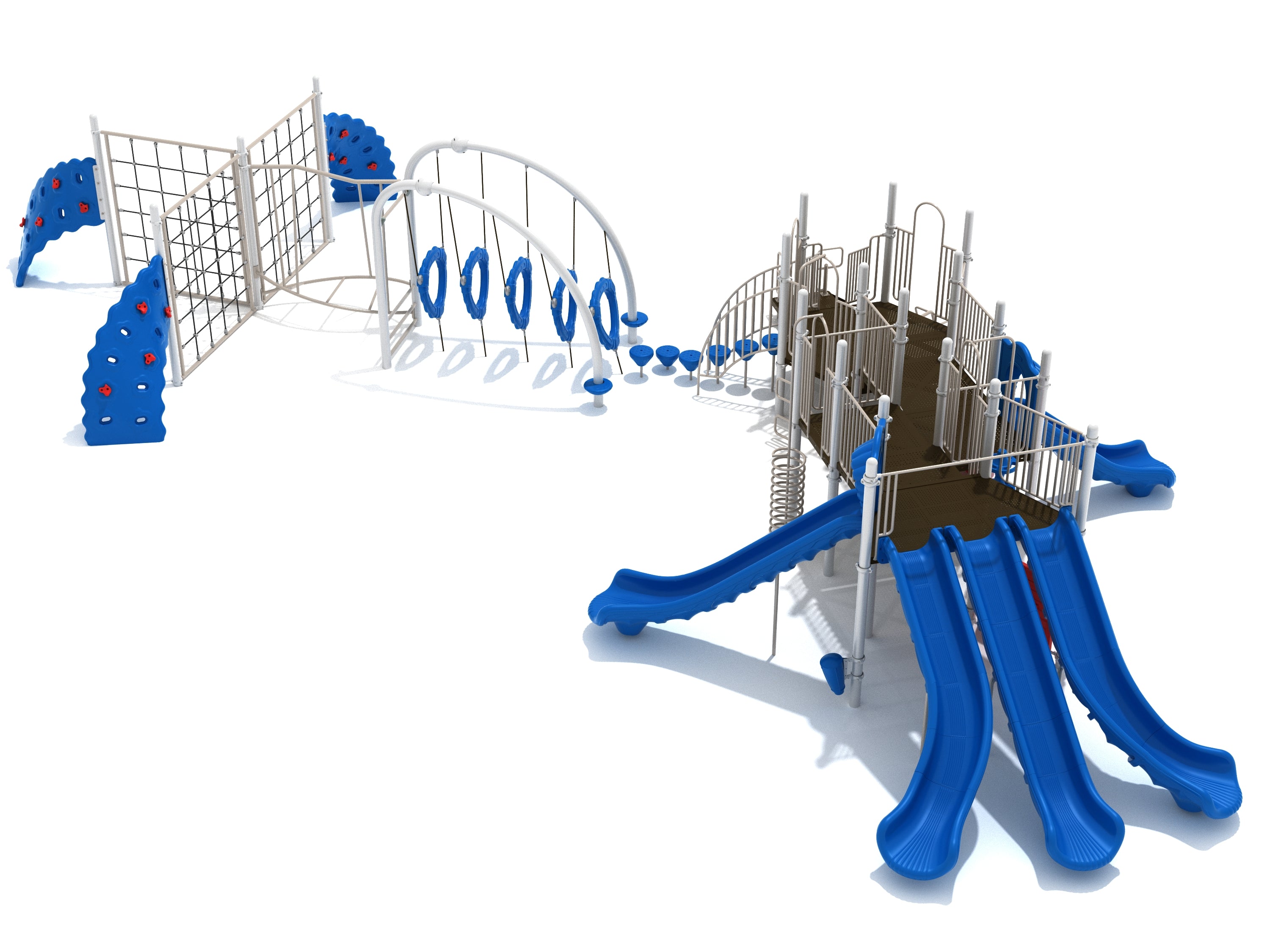 Large playground structure with multiple blue slides, interconnected climbing nets, rings, and balance stepping pods