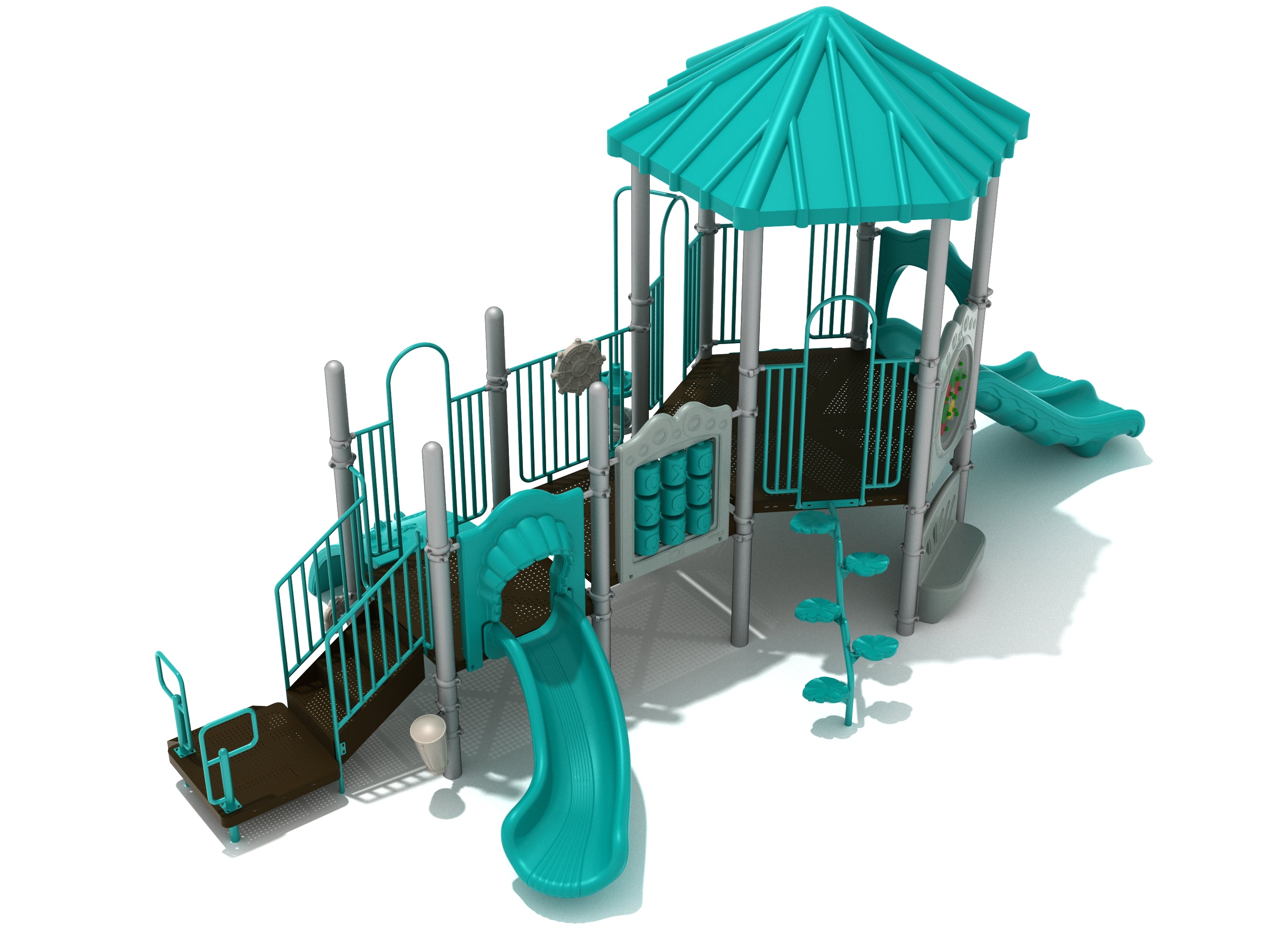 Playground structure with teal slides, animal and shape-themed climbing panels, hexagonal leaf-patterned roof