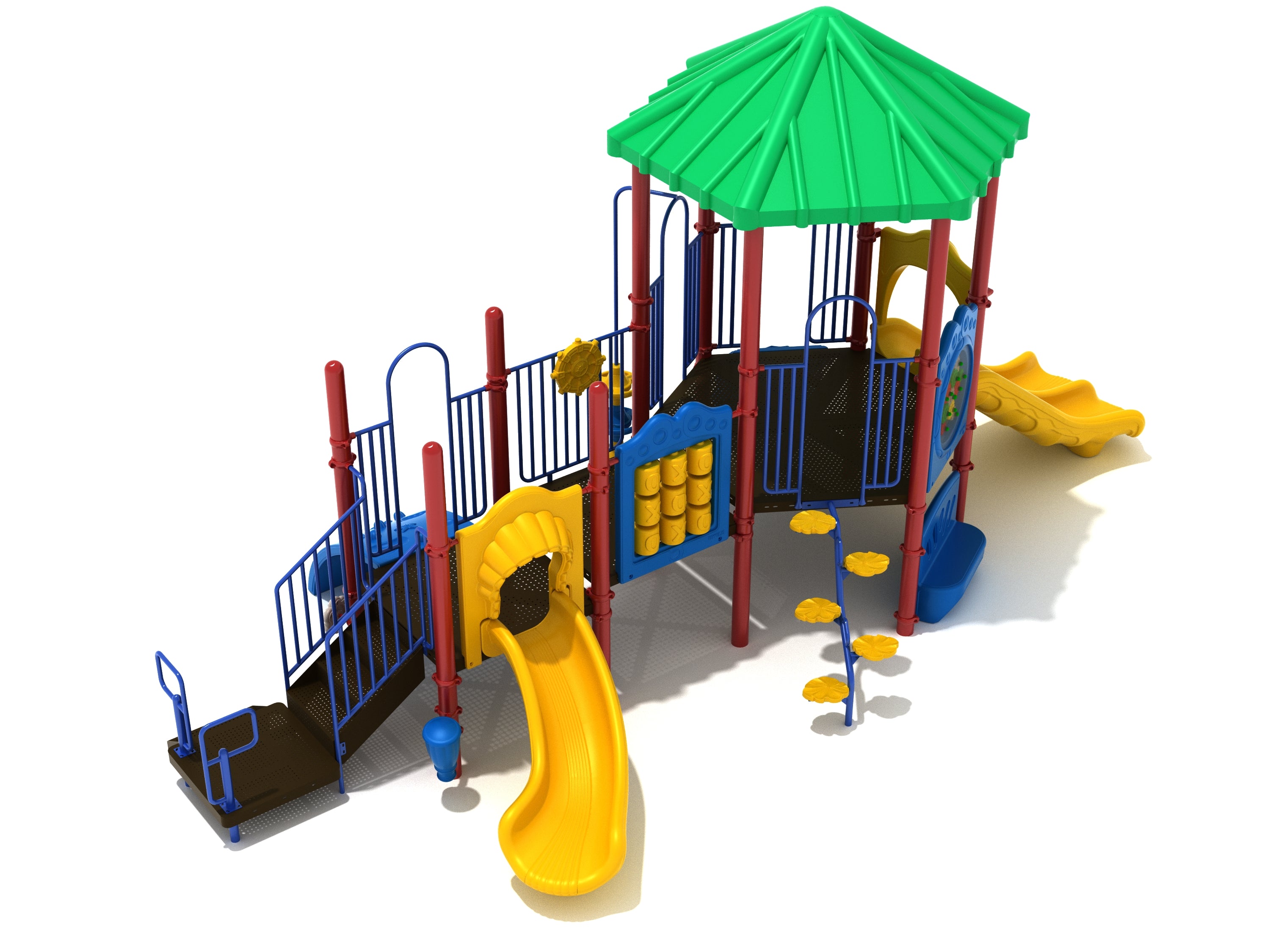 Colorful playground structure with green hex leaf roof, yellow slides, blue railings, red posts, and themed climbers with animal and shape details