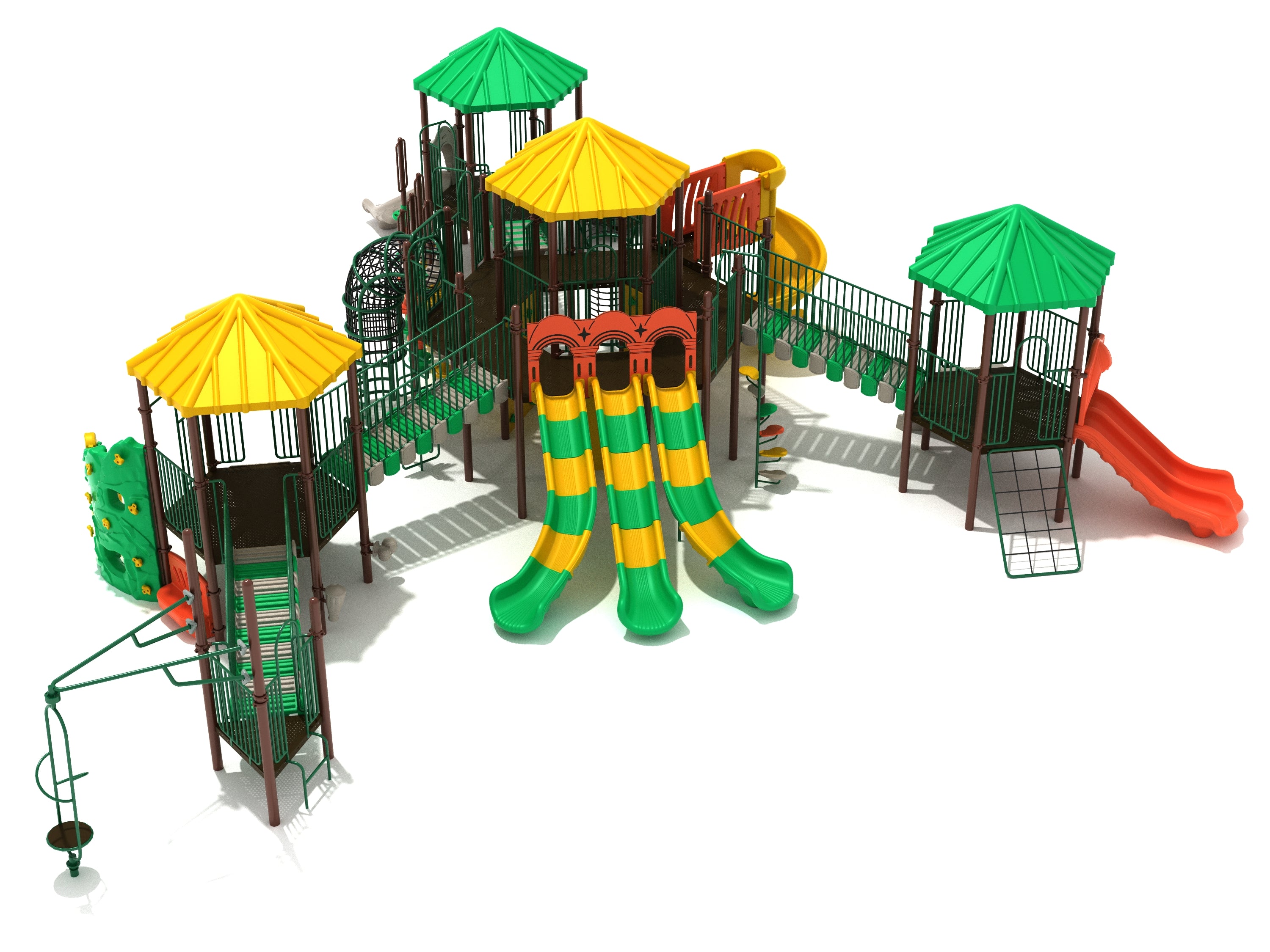 Overhead view of a large playground with a central two-story hexagonal tower, multiple slides, climbing walls, bridges, and covered platforms in green, yellow, and orange.