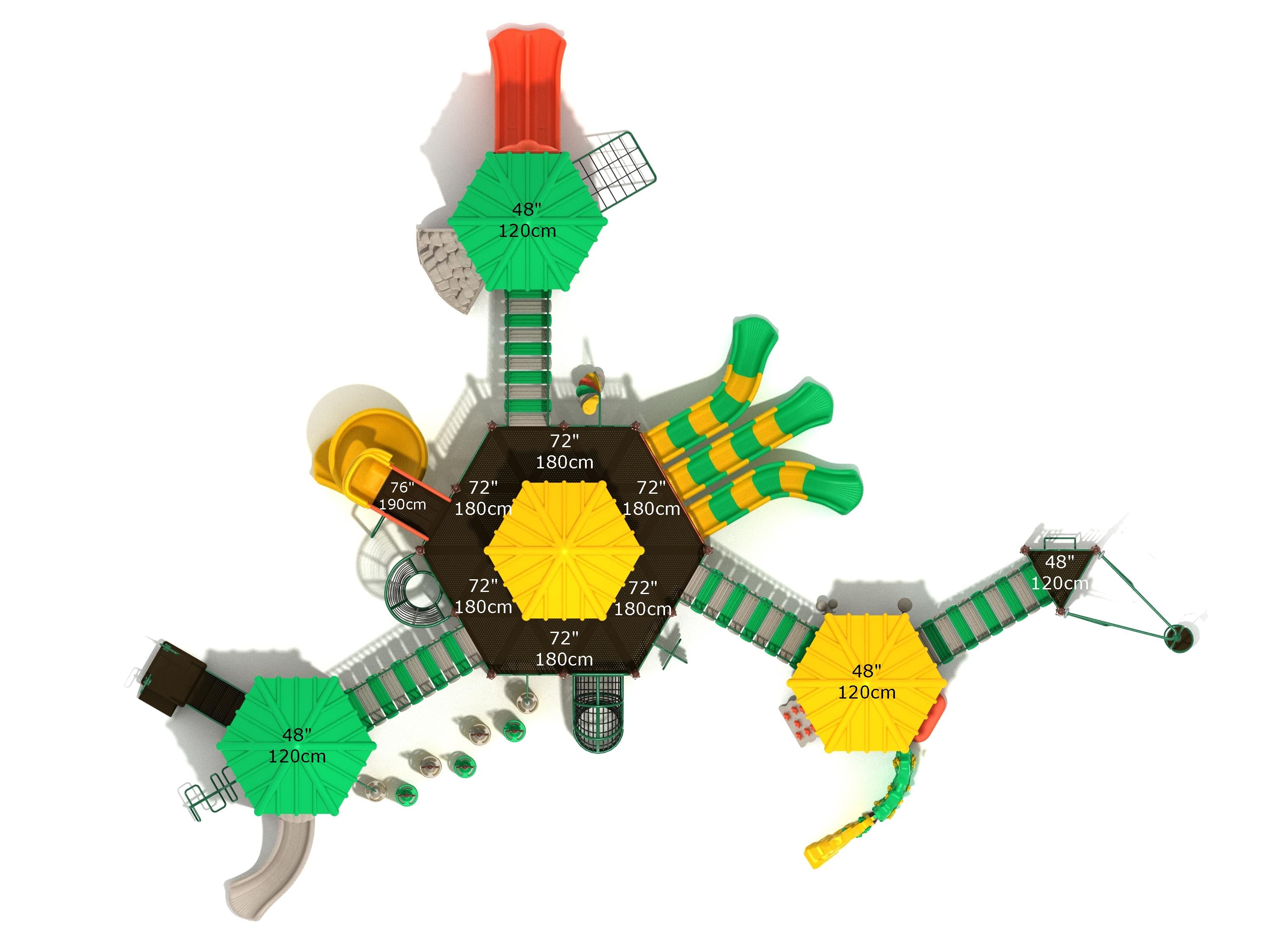 Overhead view of a colorful playground with a central two-story hexagonal tower, multiple slides, climbing structures, and connected platforms.