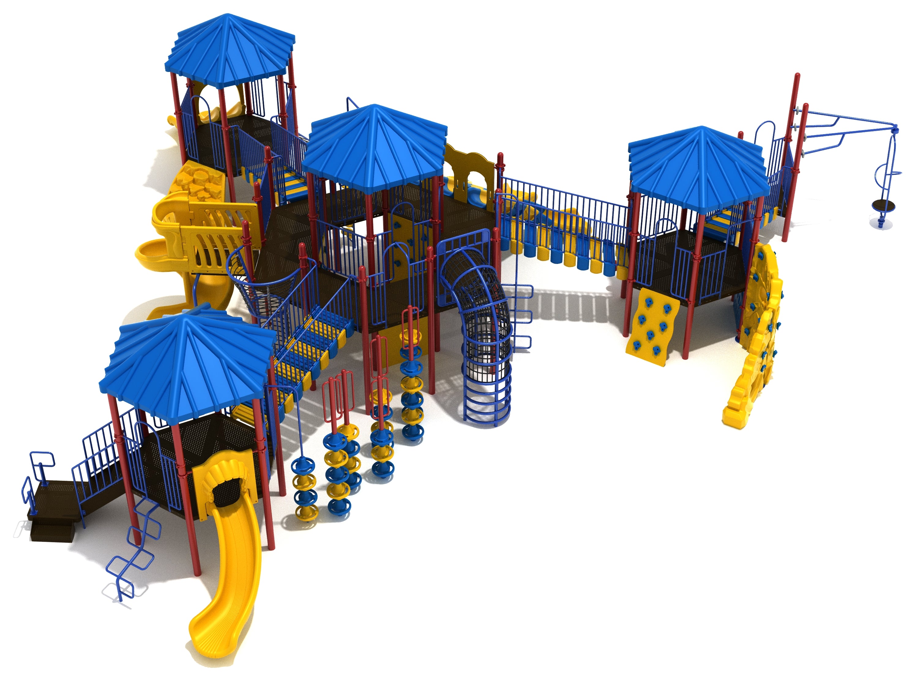 Large playground system with blue hexagonal roofs, yellow slides, climbing walls, bridges, and spinning play elements