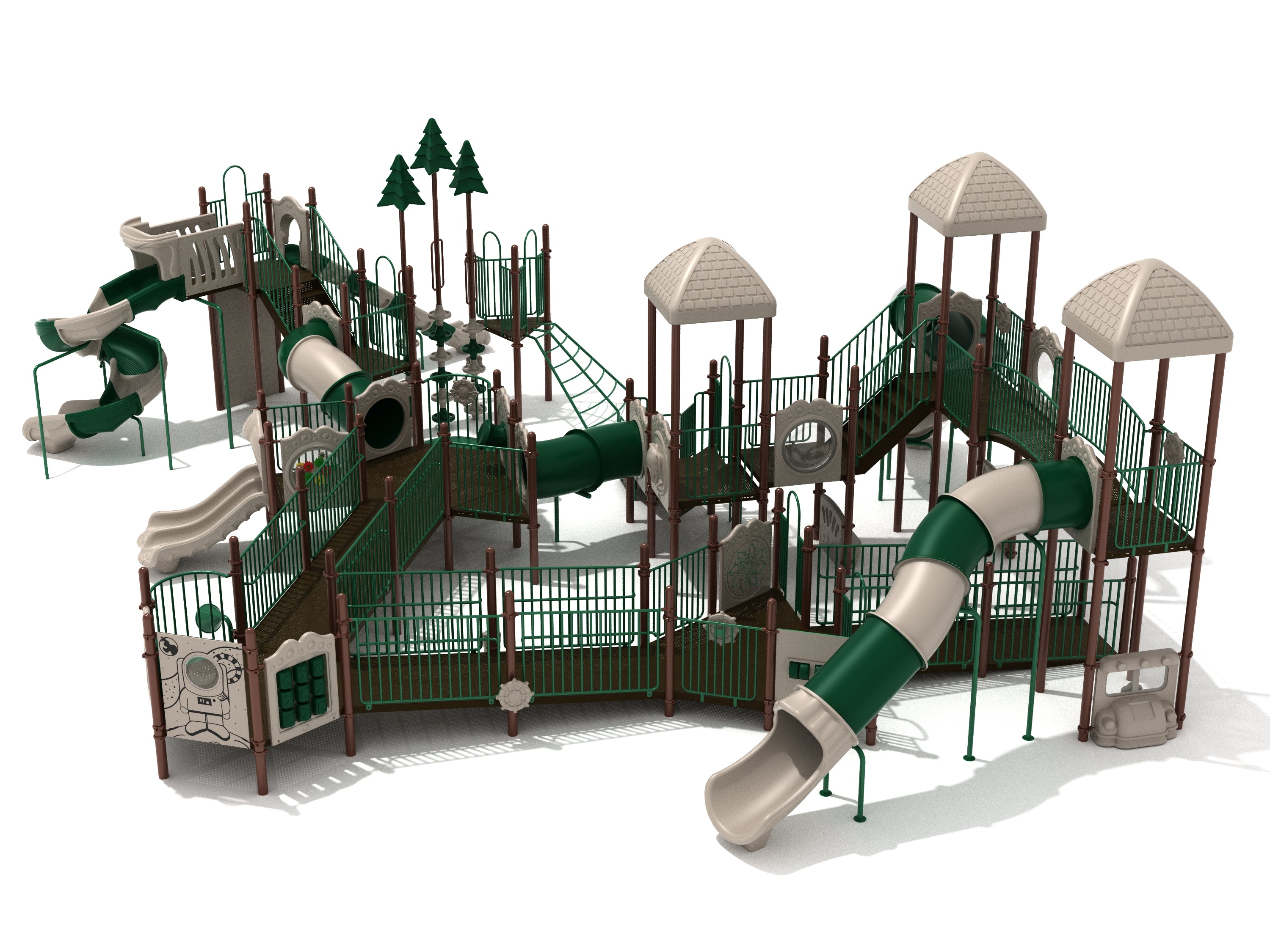 Large commercial playground structure with multiple slides, climbing walls, bridges, tubes, and interactive panels in green and beige.