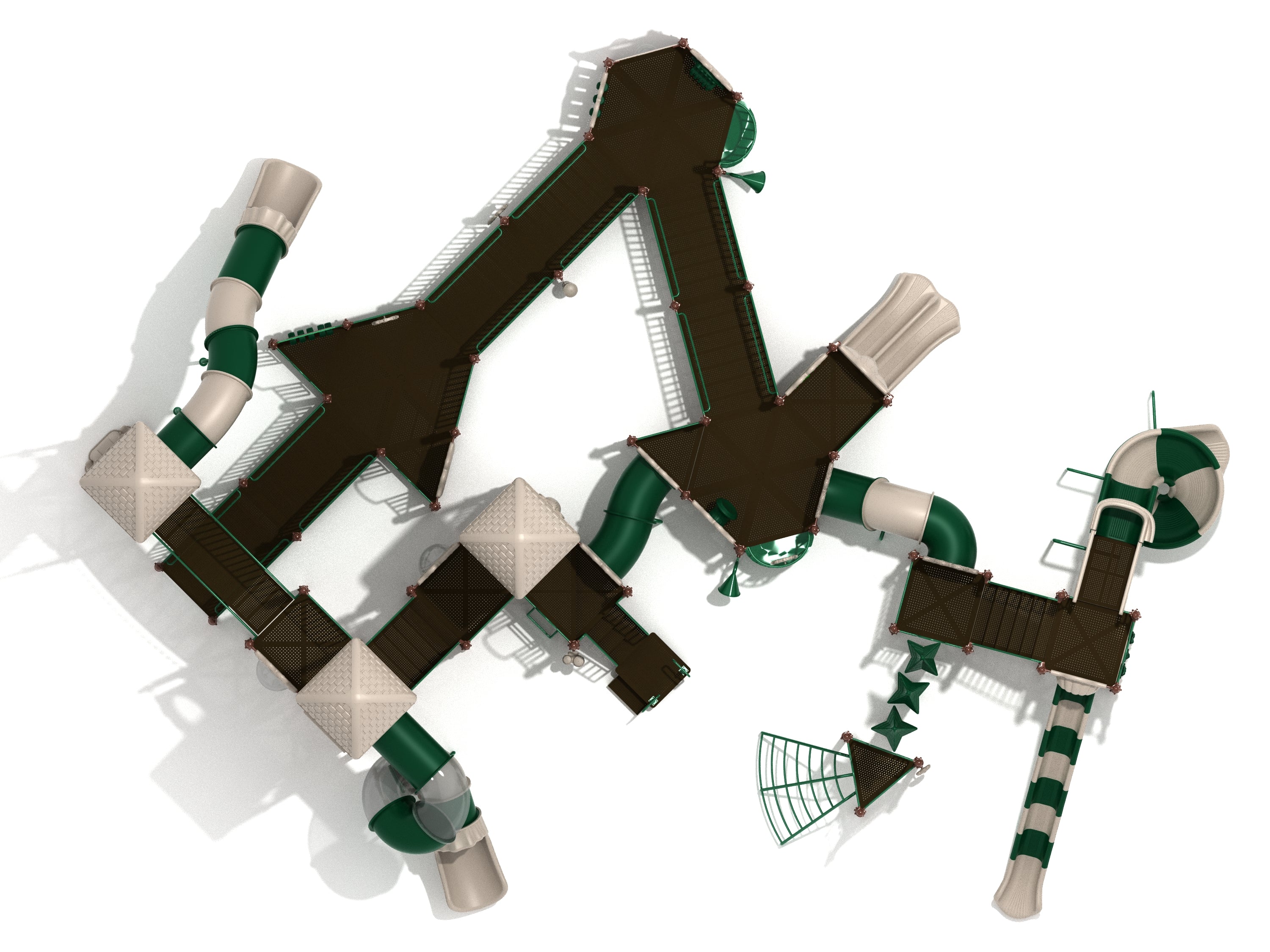 Overhead view of a large commercial playground with green and beige slides, bridges, ladders, and climbing elements