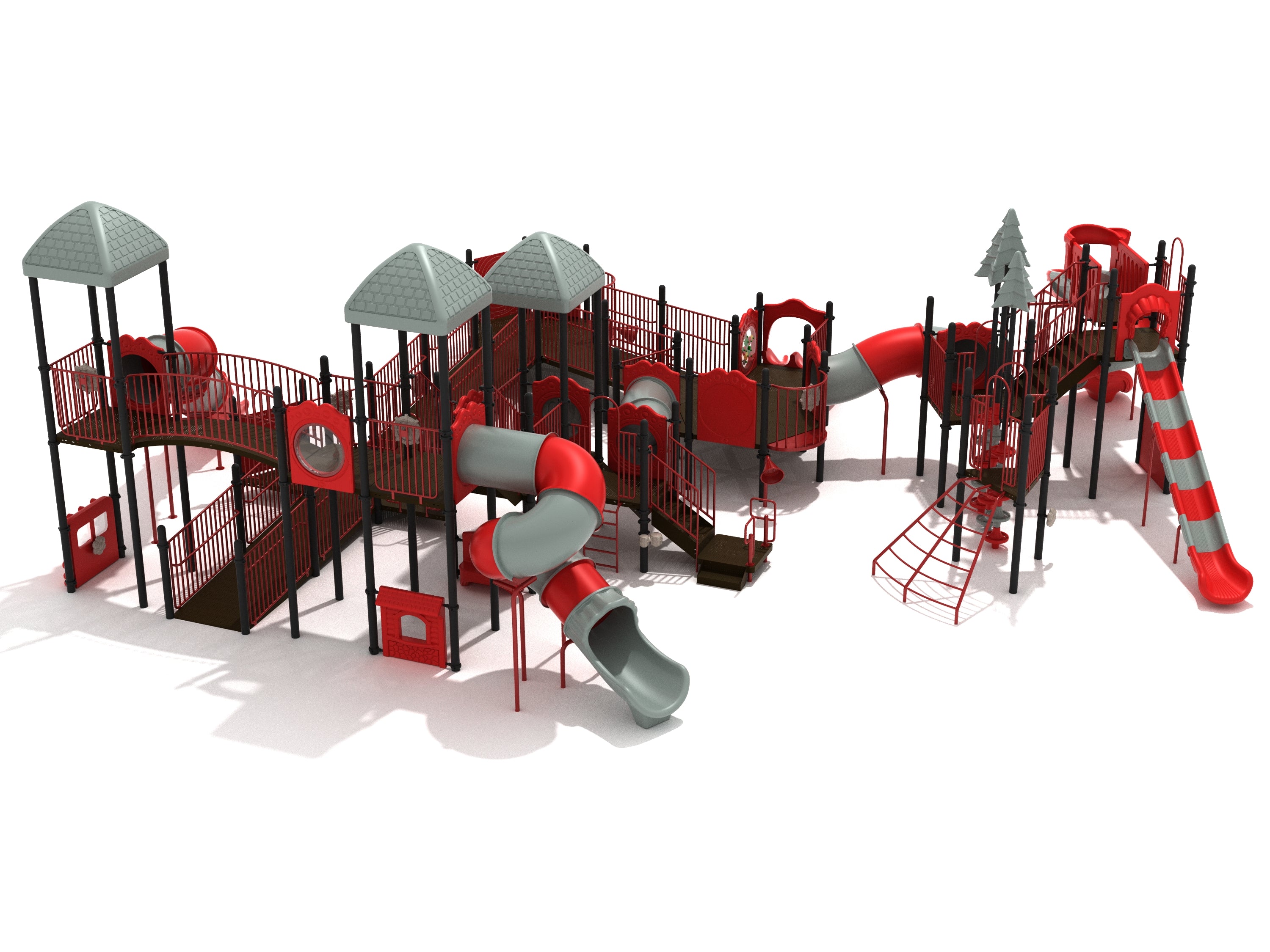 Large commercial playground with red and gray slides, climbing walls, bridges, towers, and interactive play panels.