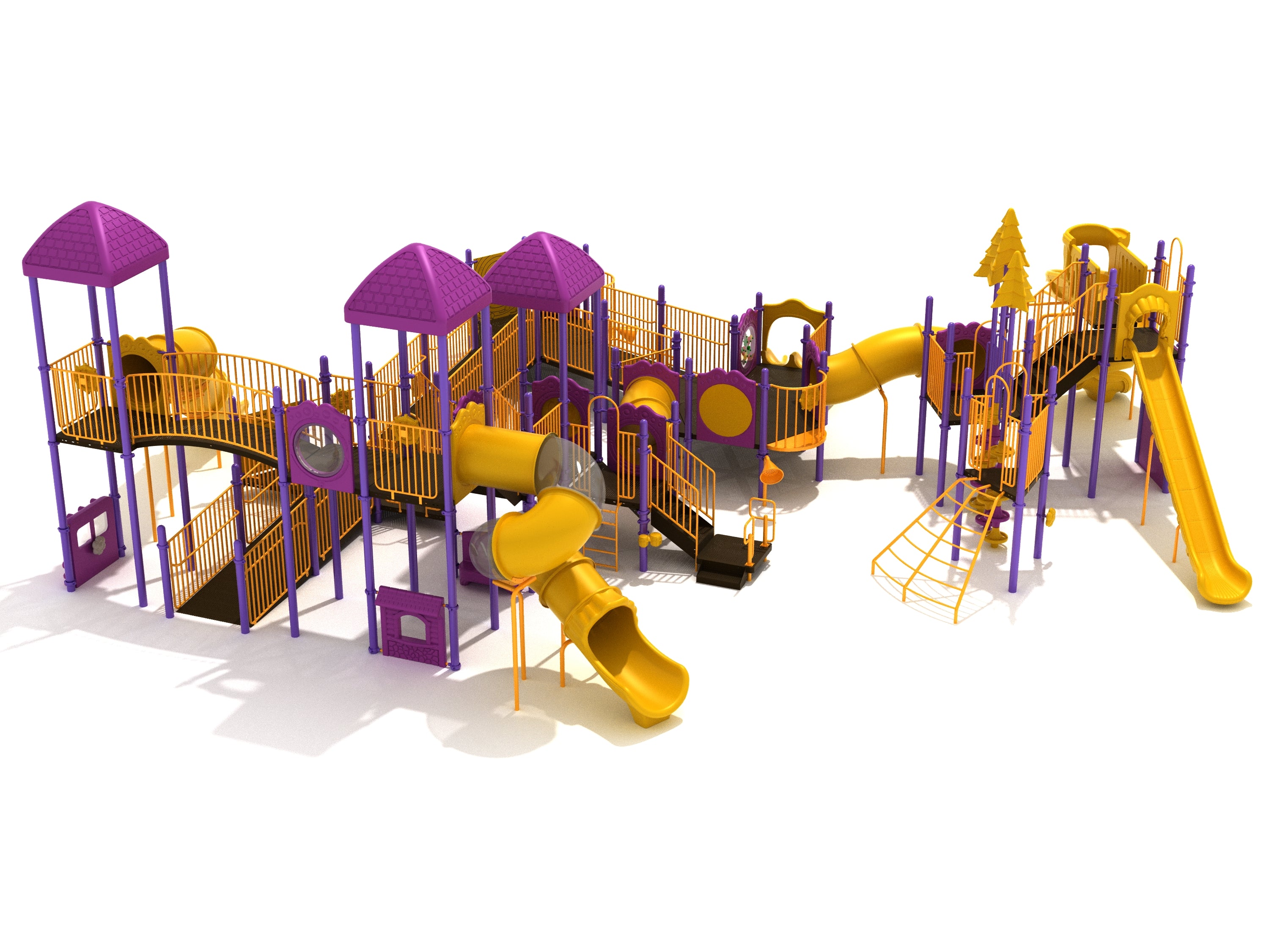 Large commercial playground with multiple yellow slides, purple roofs, climbing walls, bridges, and interactive play panels.