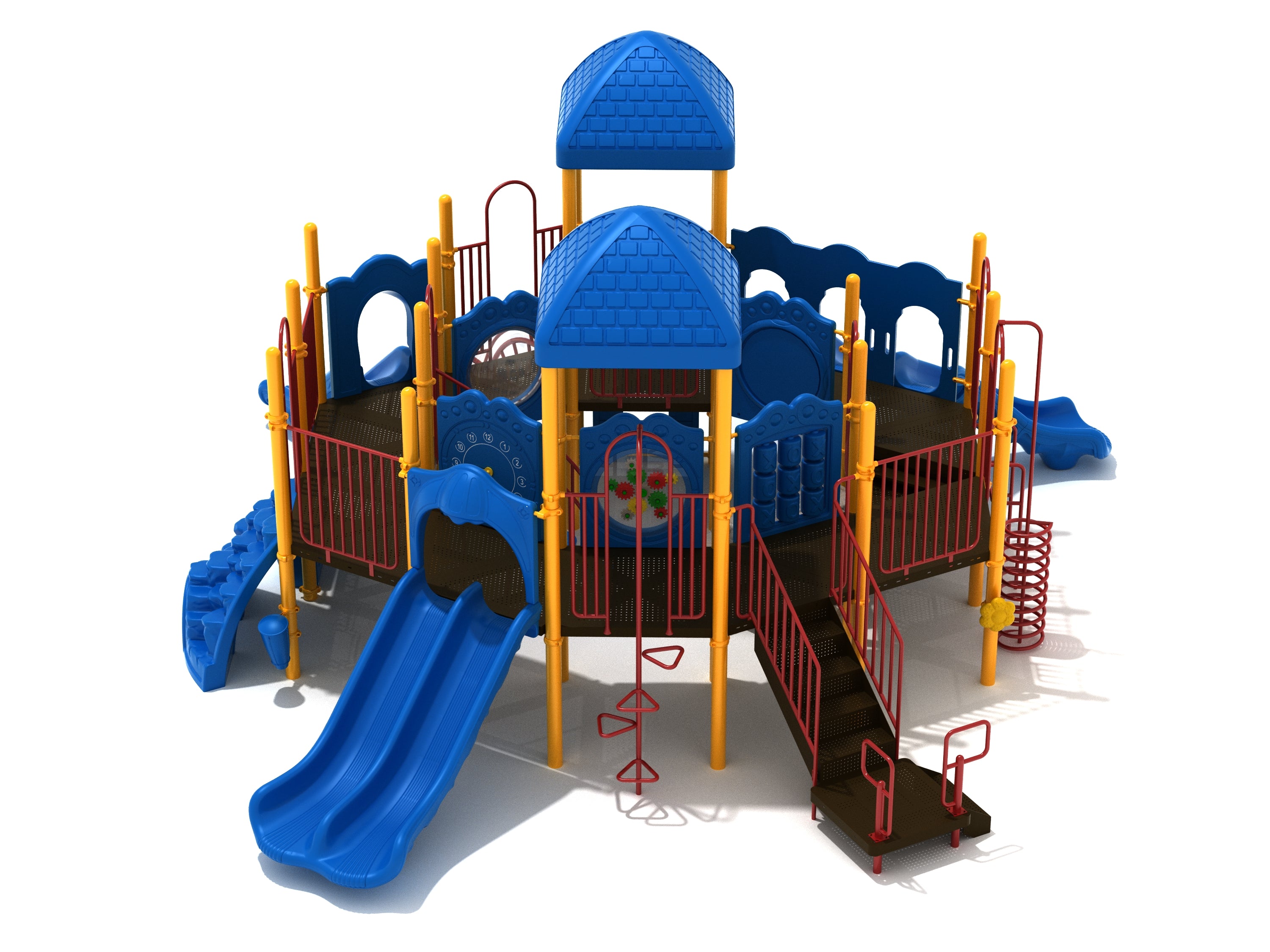 Elevated octagonal playground structure with blue slides, climbing features, activity panels, and yellow support posts