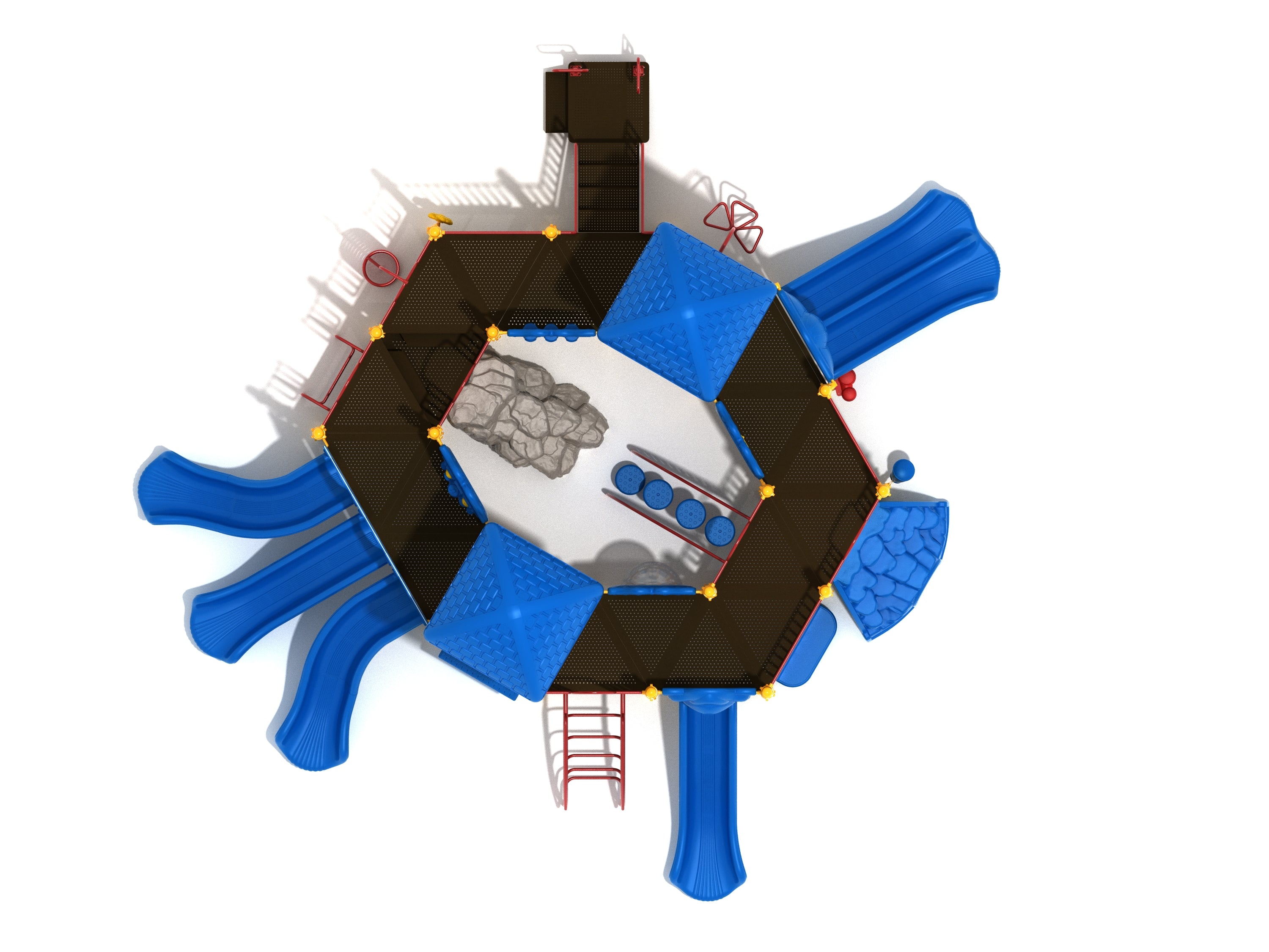 Overhead view of an octagonal playground structure with blue slides, climbing features, and activity panels