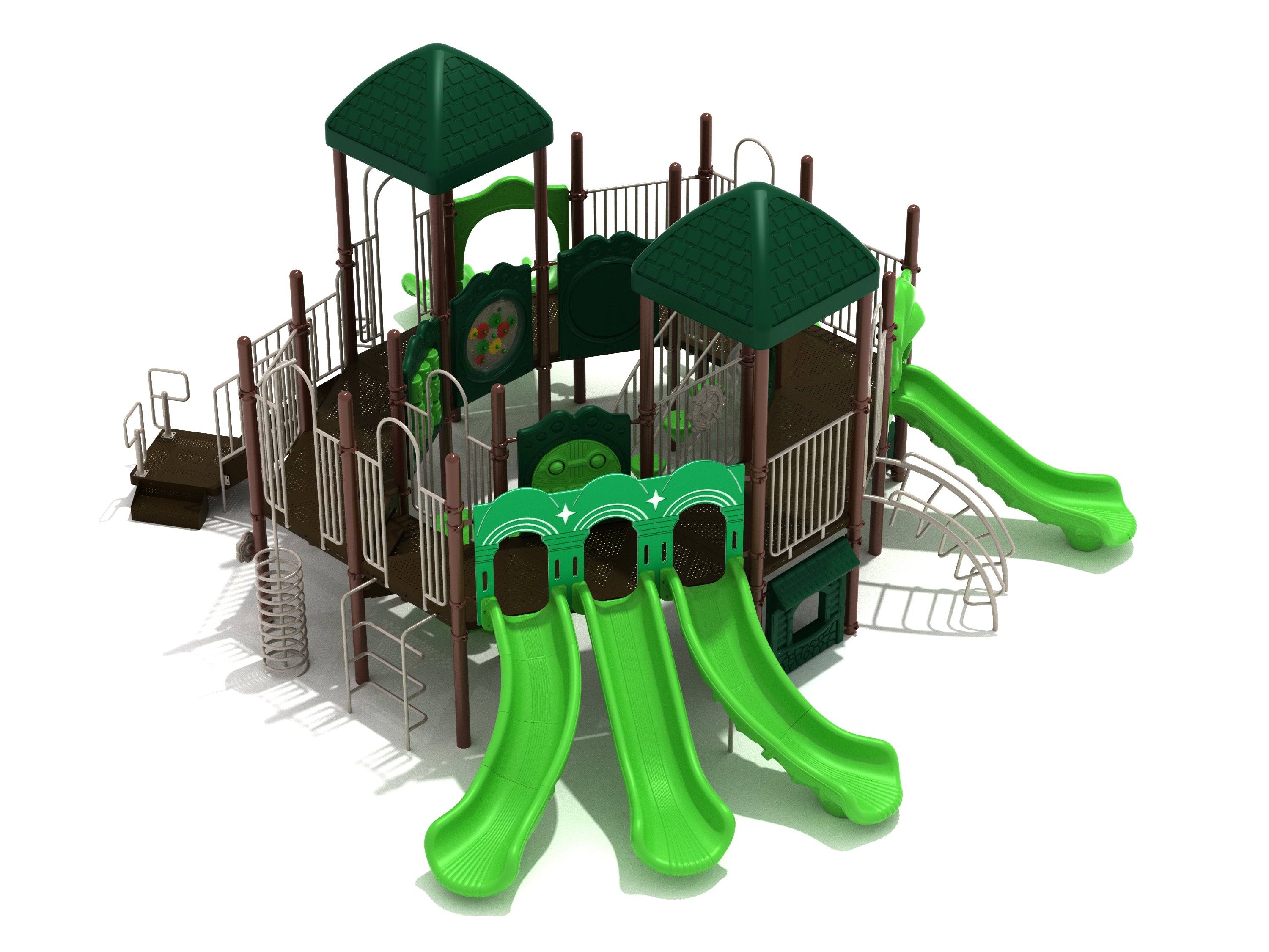 Elevated playground structure with two roofed towers, green slides, climbing ladders, and interactive play panels