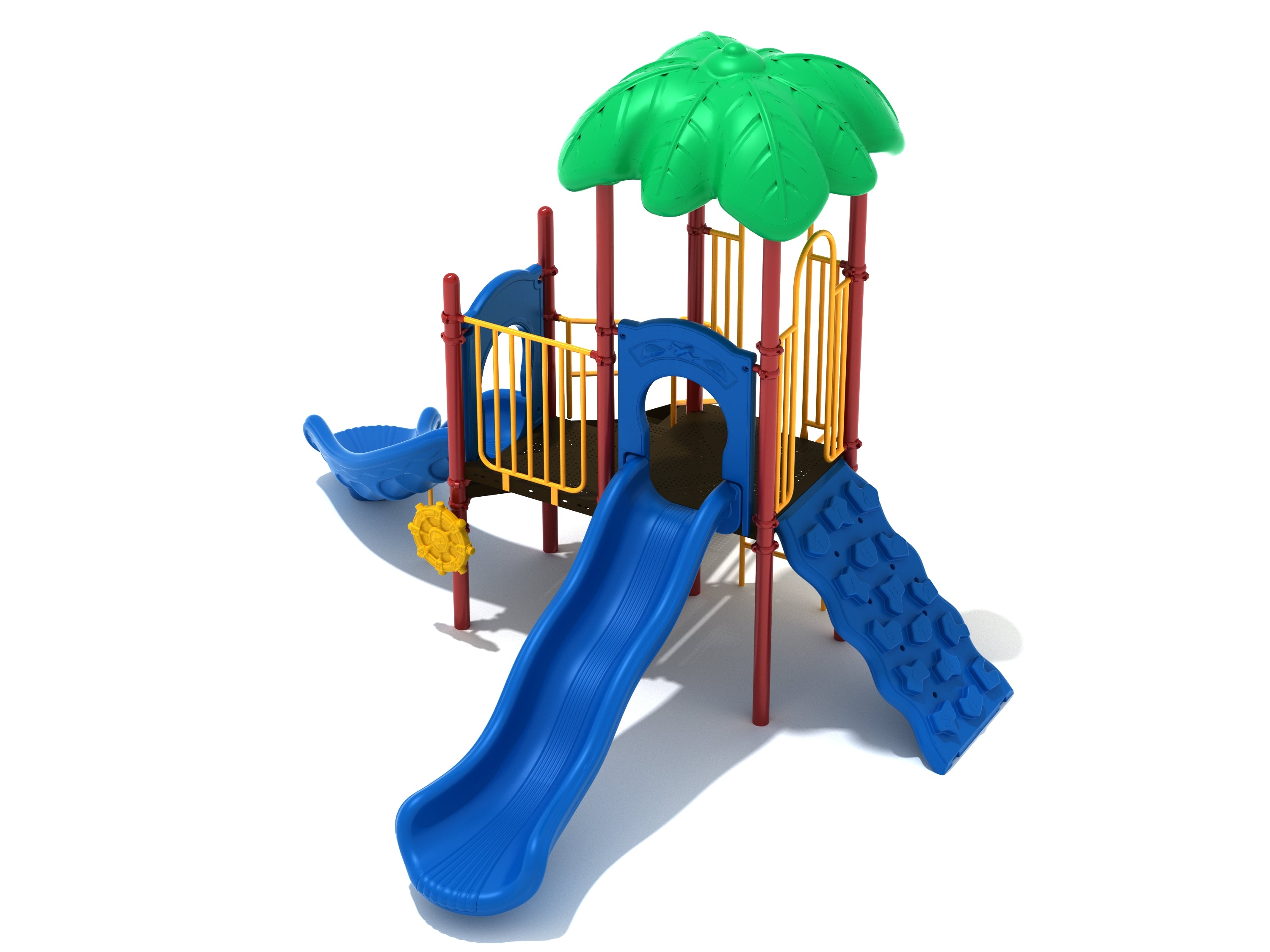 Village Greens Play System with green leaf roof, blue slides, climbing wall, yellow railings, and red posts