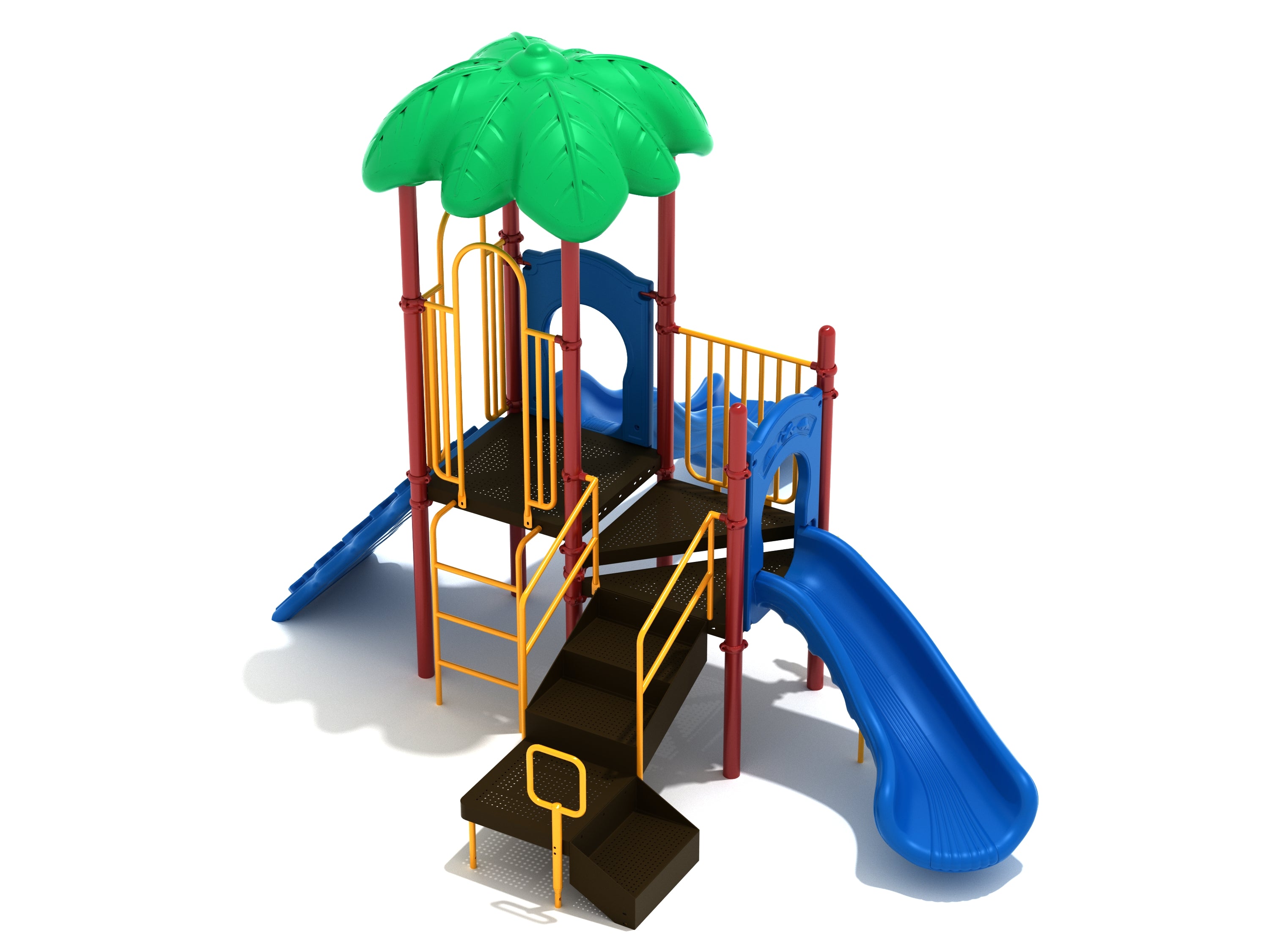 Compact colorful playground with green leaf canopy, blue wave and left-turn slides, yellow railings, and brown platforms