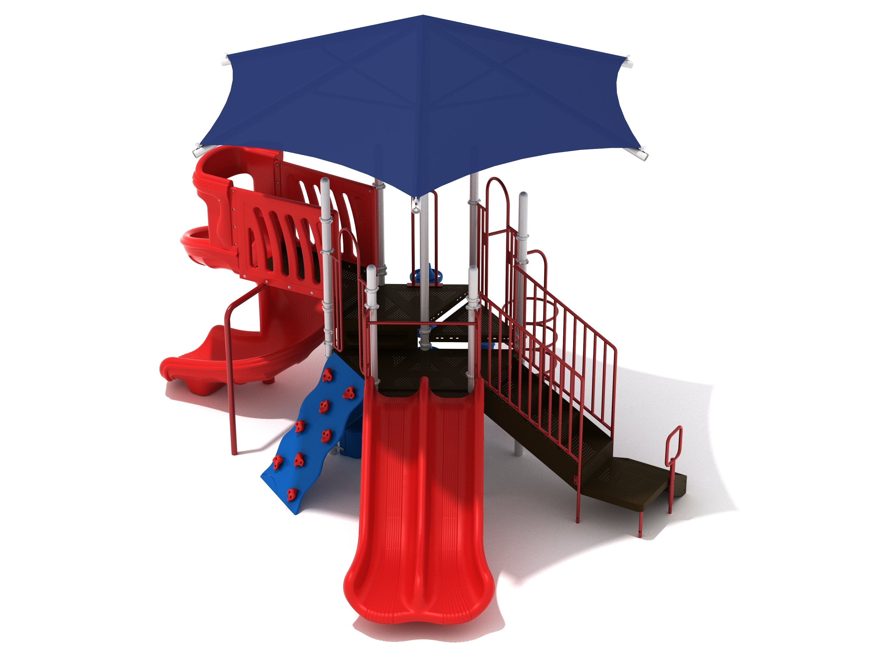 Compact playground structure with red double slide, blue rock climbing wall, spiral slide, and blue canopy shade.