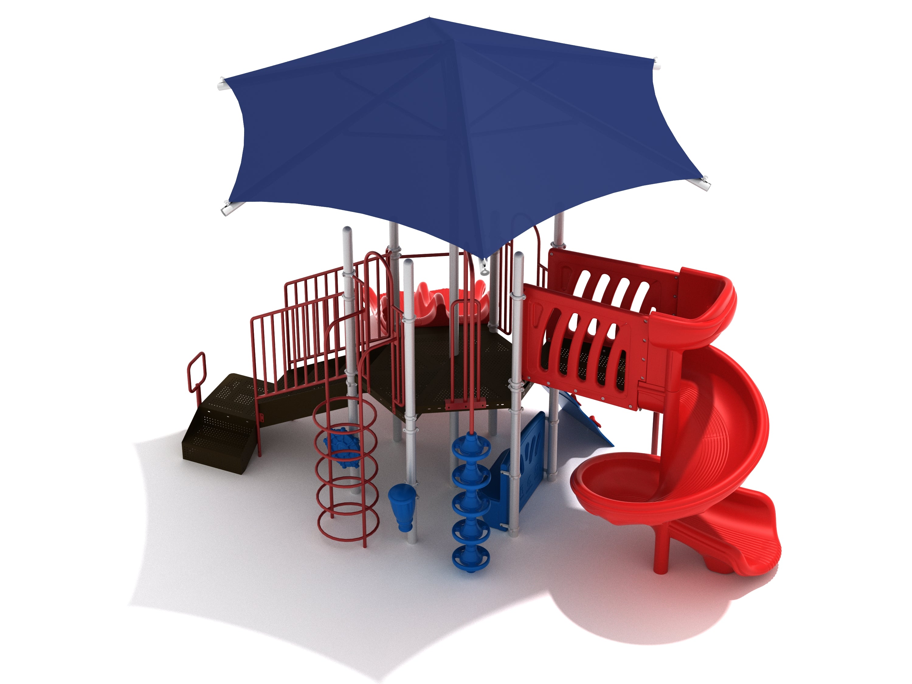 Compact playground with red spiral slide, blue climbing elements, hexagonal platform, and blue shade canopy