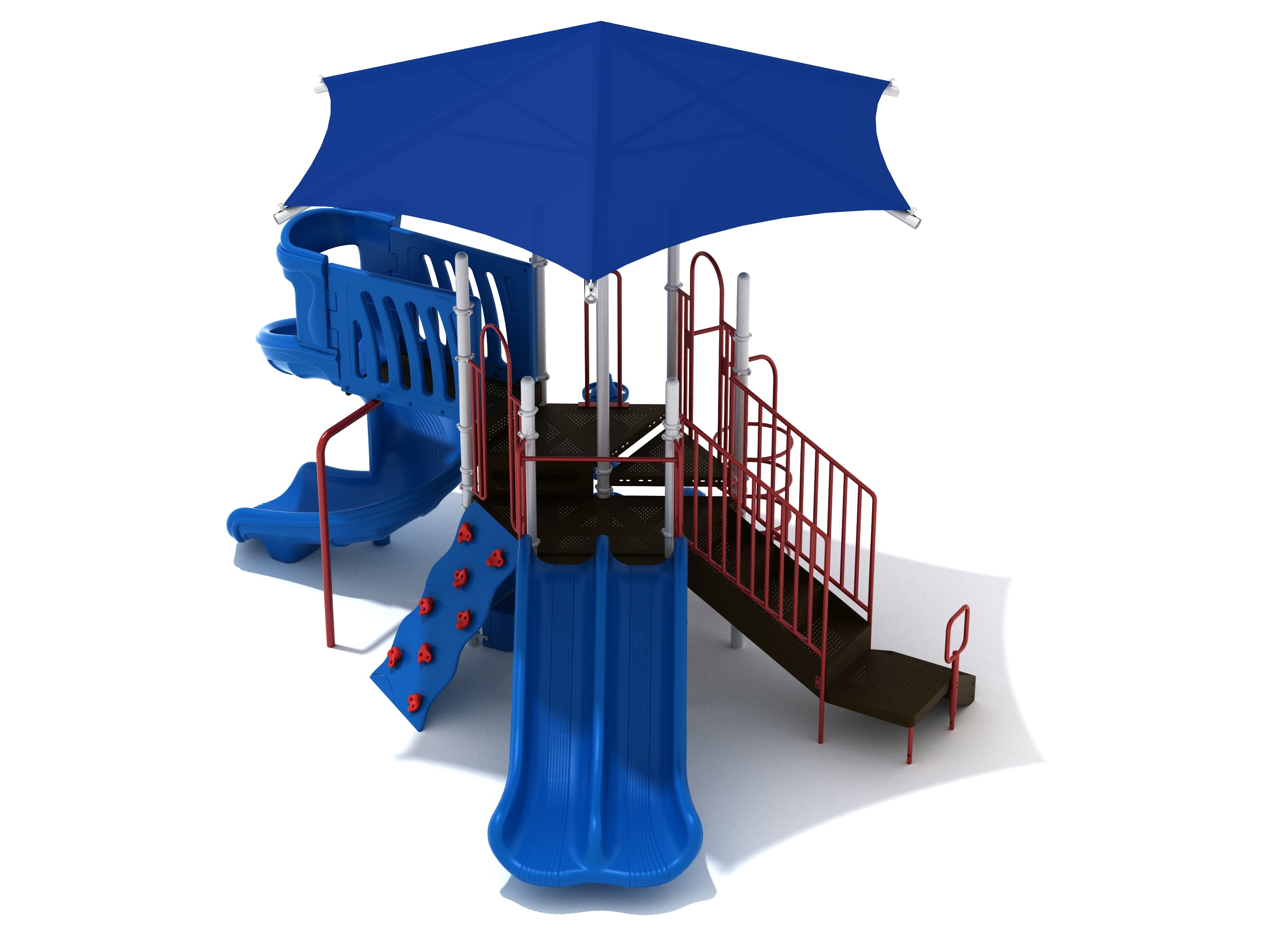 Compact playground structure with blue double and spiral slides, red rock climbing wall, stairs, and blue canopy overhead