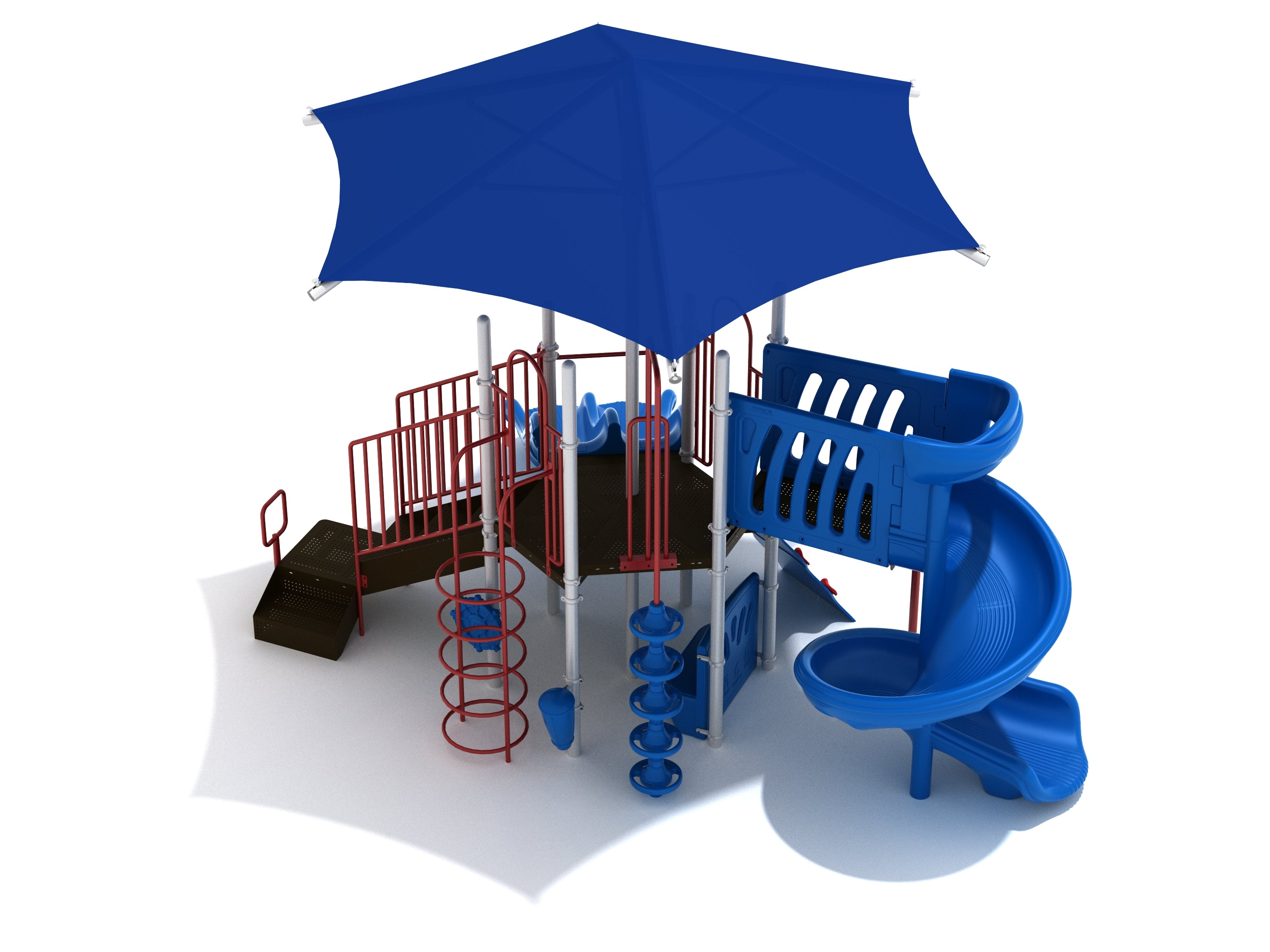 Compact playground structure with hexagonal platform, blue spiral slide, red climbers, and large blue canopy