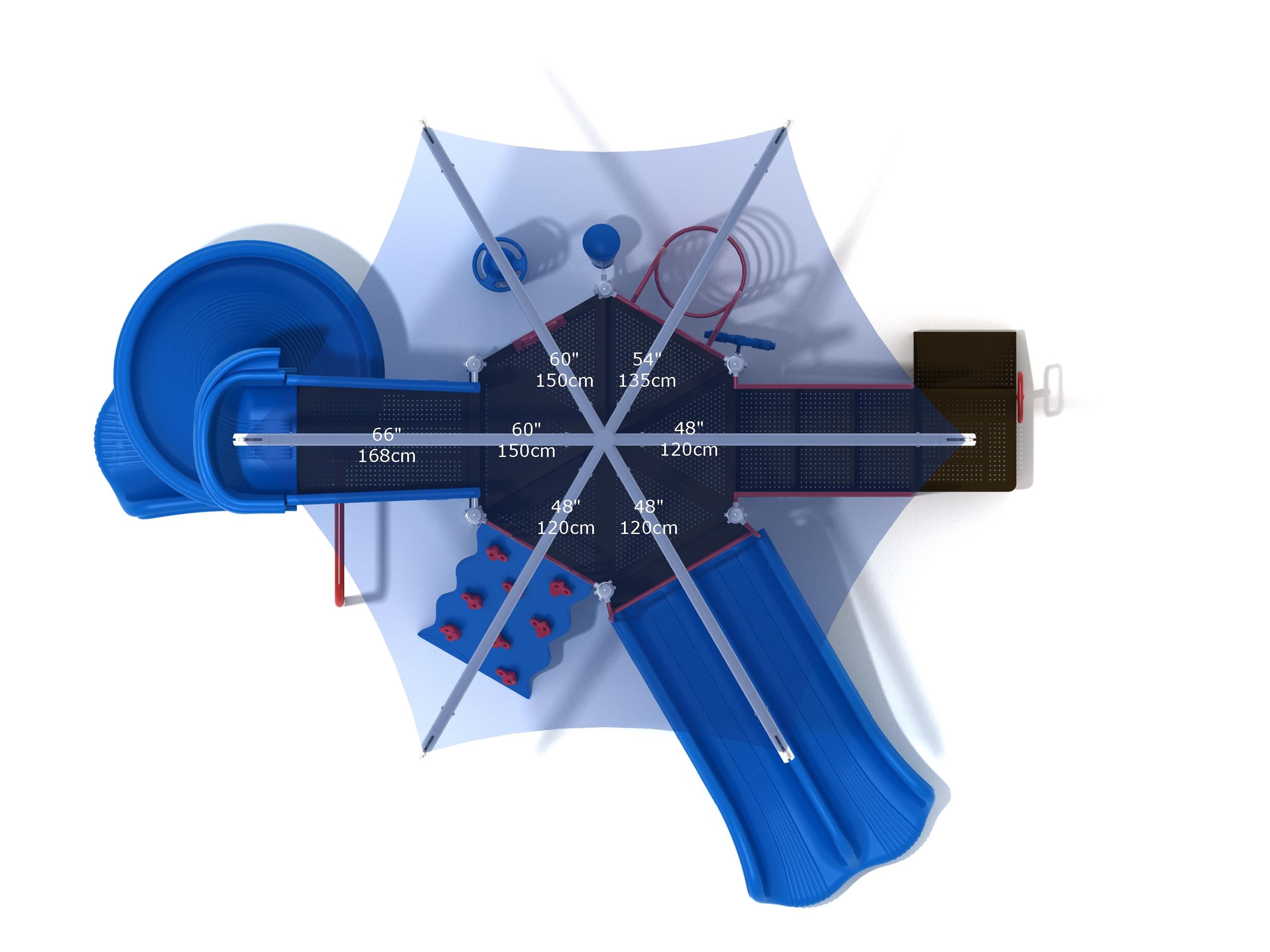 Overhead view of compact playground with blue double and spiral slides, rock climbing wall, and horizontal ring climber