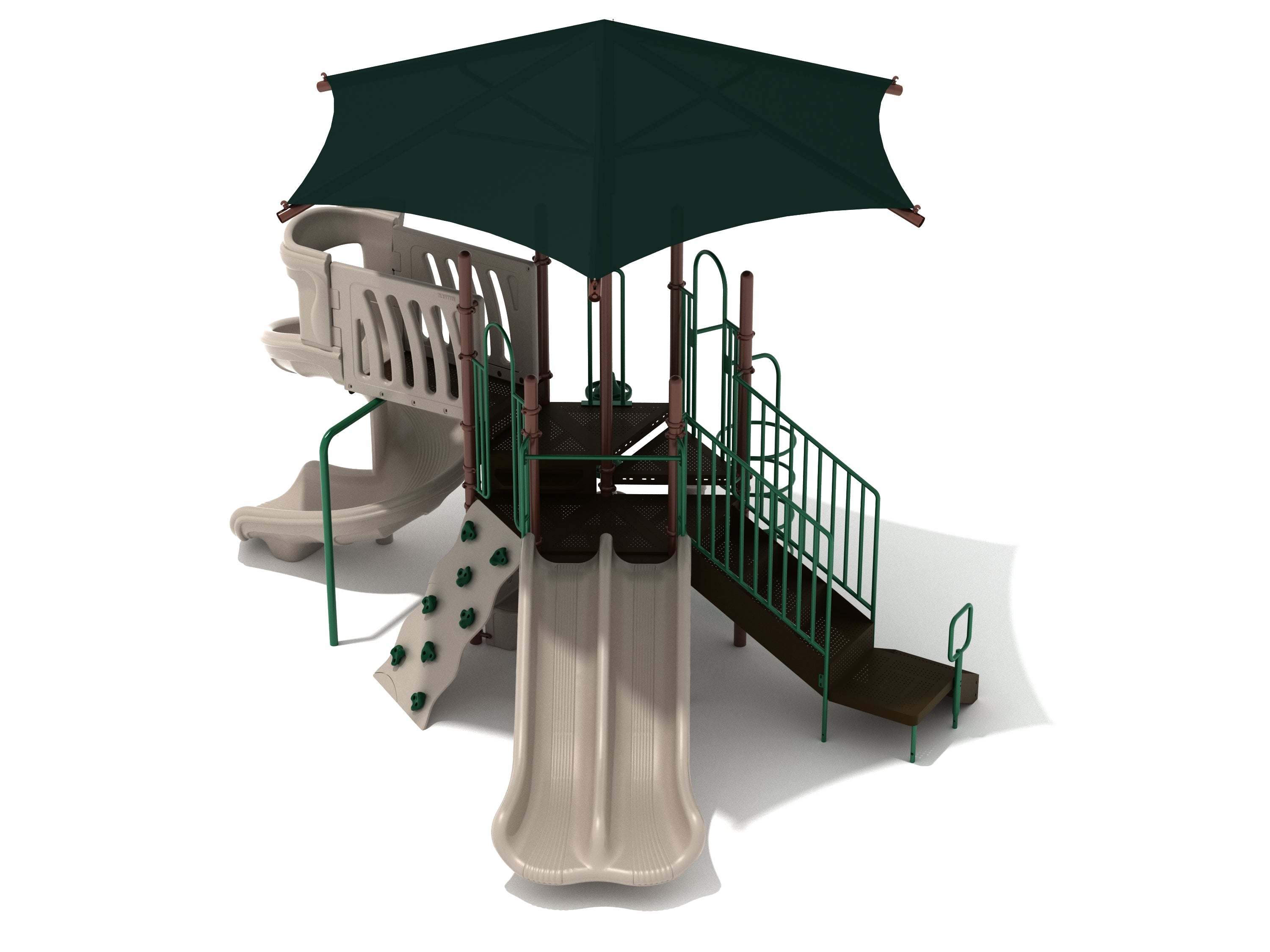 Broussard Playground green and tan play structure with shade canopy, double slide, spiral slide, rock climbing wall, and stairs to hexagonal platform