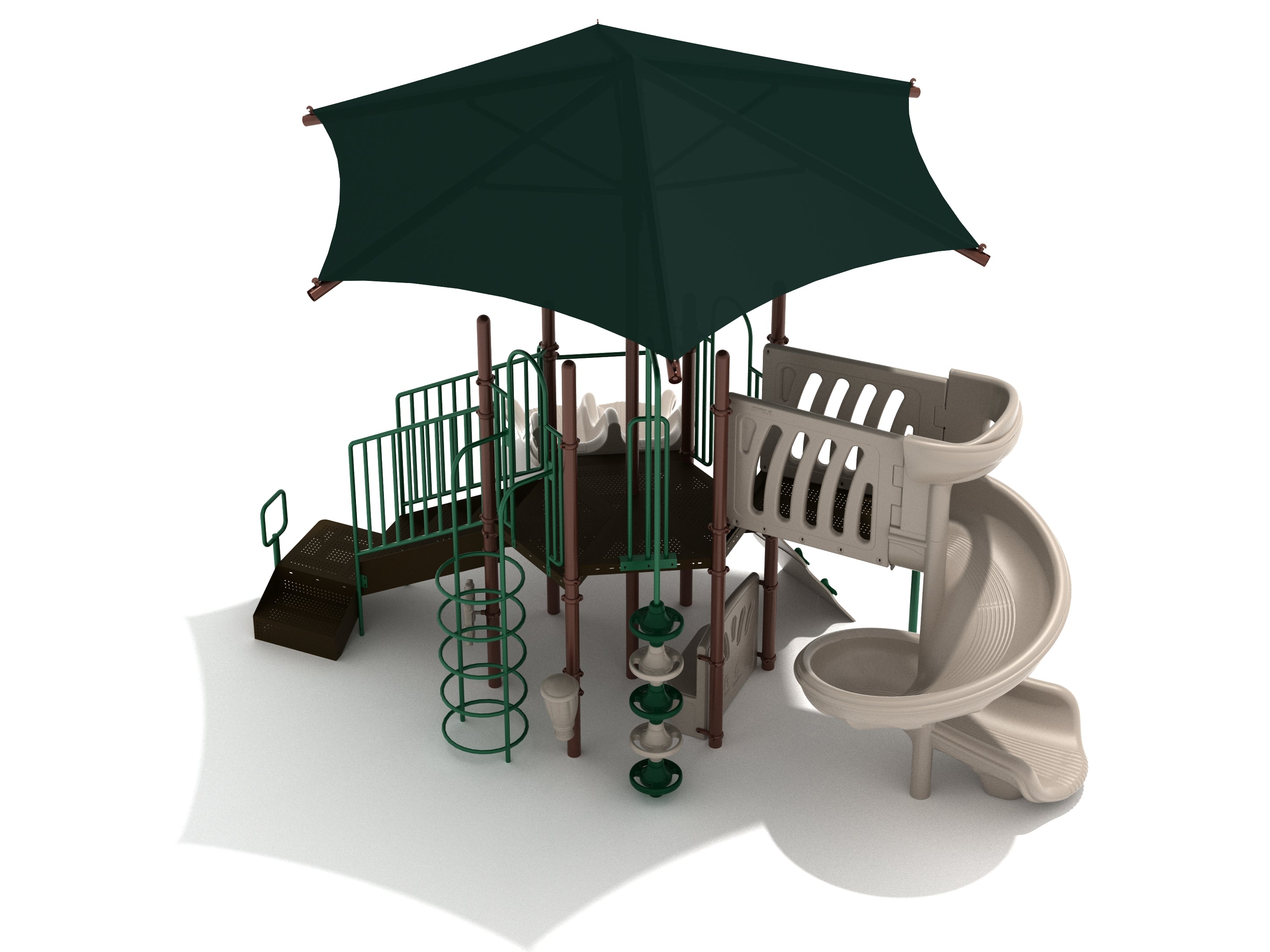 Overhead view of compact playground with hexagonal platform, spiral slide, double slide, climbers, and shade canopy