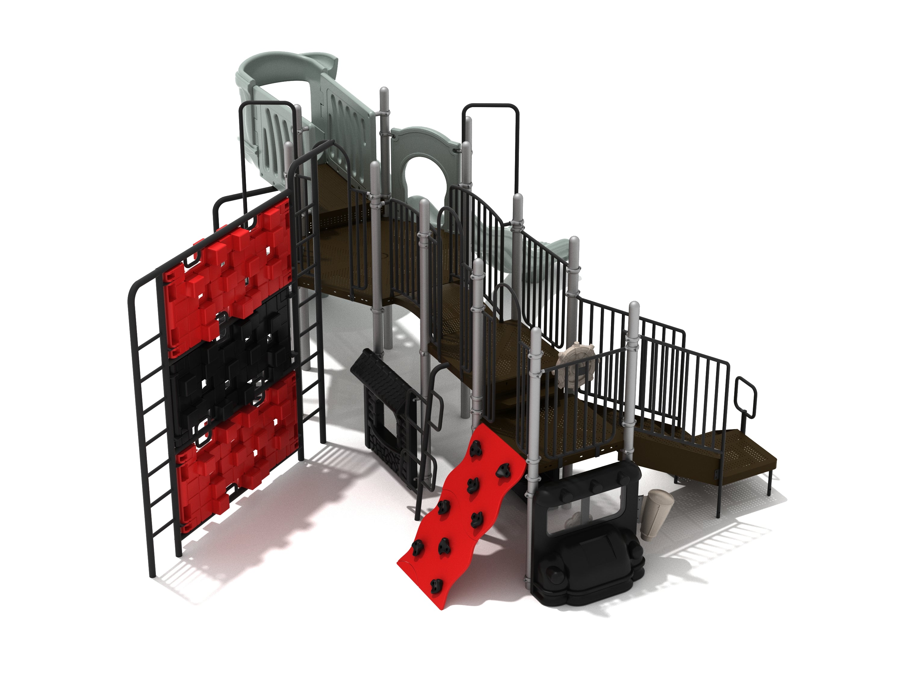 Tuscumbia Playground with stacked pixel climber, wavy rock climbing wall, slides, and interactive play panels in red, black, and gray