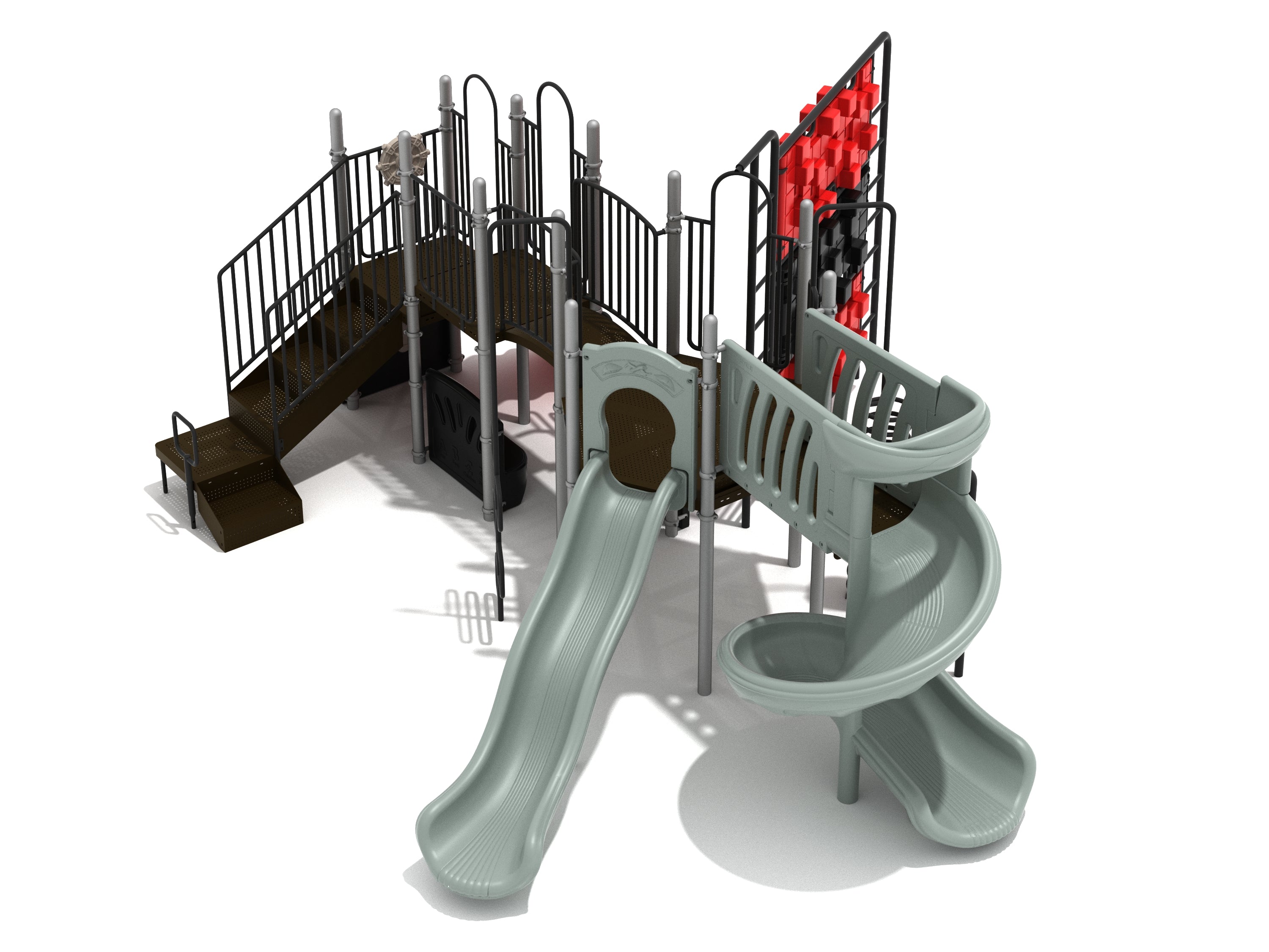 Playground structure featuring stacked pixel climber, spiral and straight slides, black railings, and varied climbing elements.