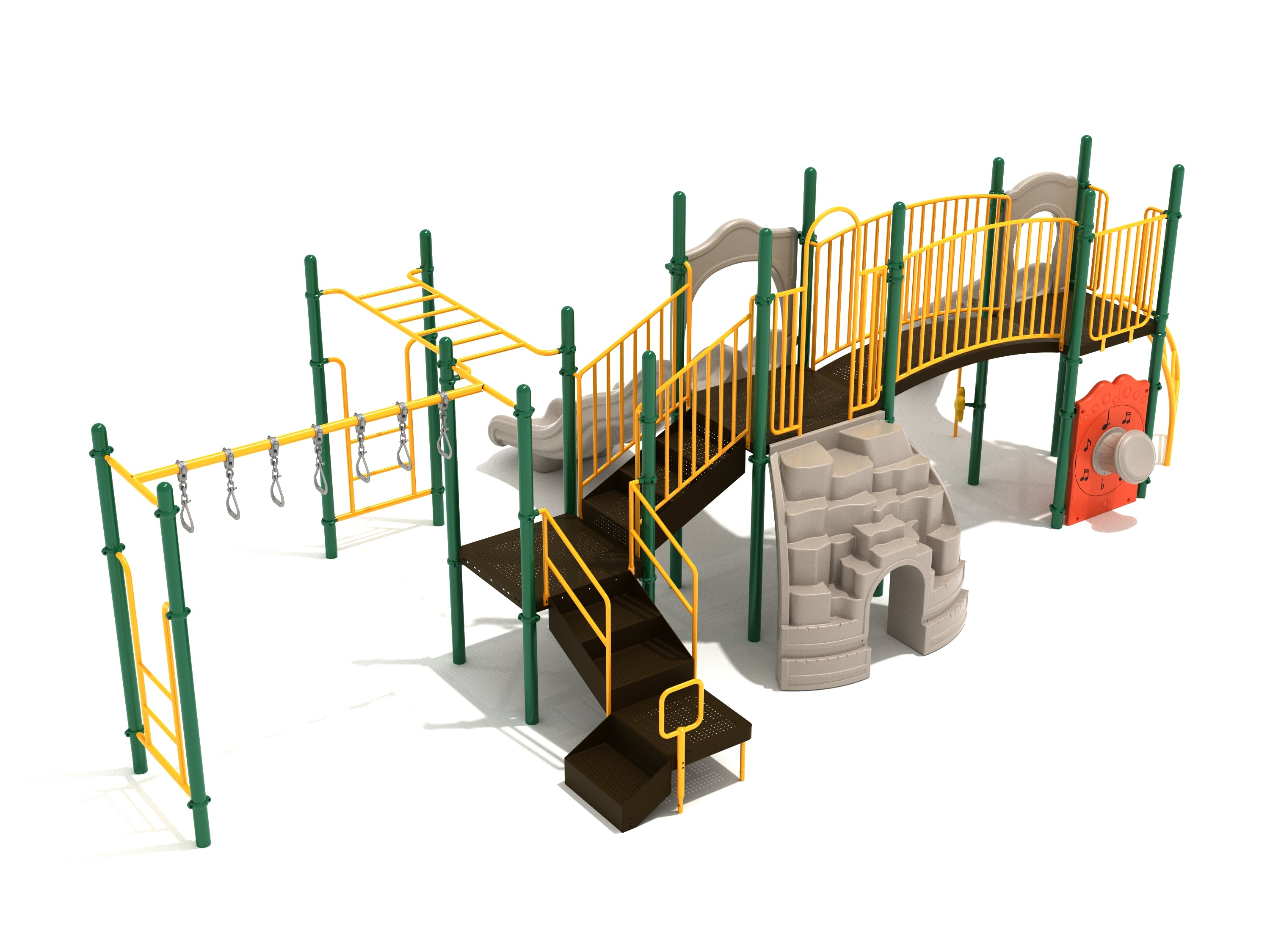Playground structure with slides, climbing walls, monkey bars, and a musical drum panel in green, yellow, and beige colors.