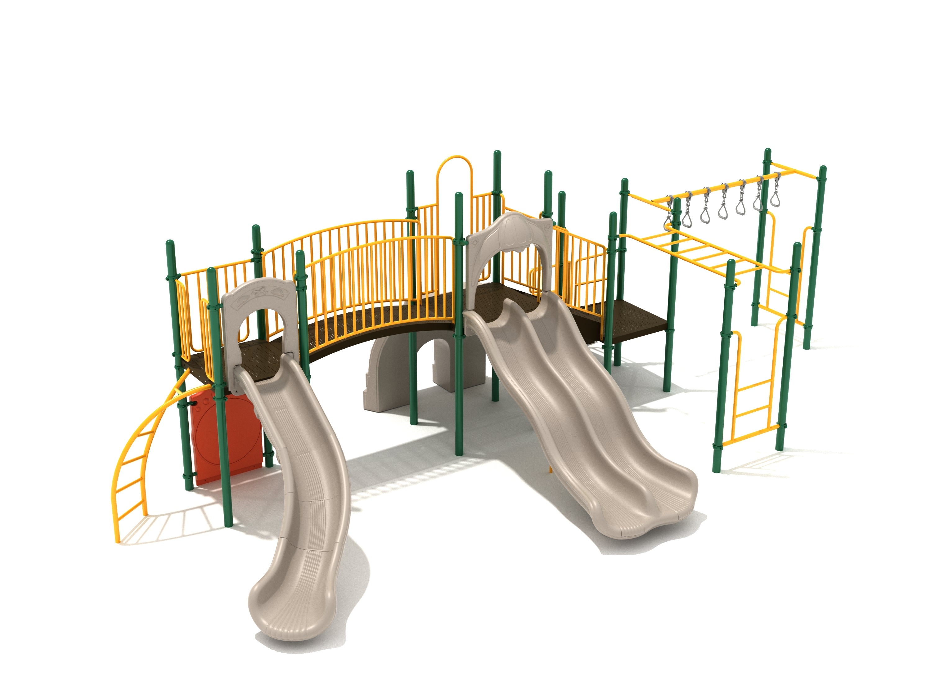 Playground structure with two beige slides, green and yellow climbing frames, monkey bars, curved bridge, and drum panel.