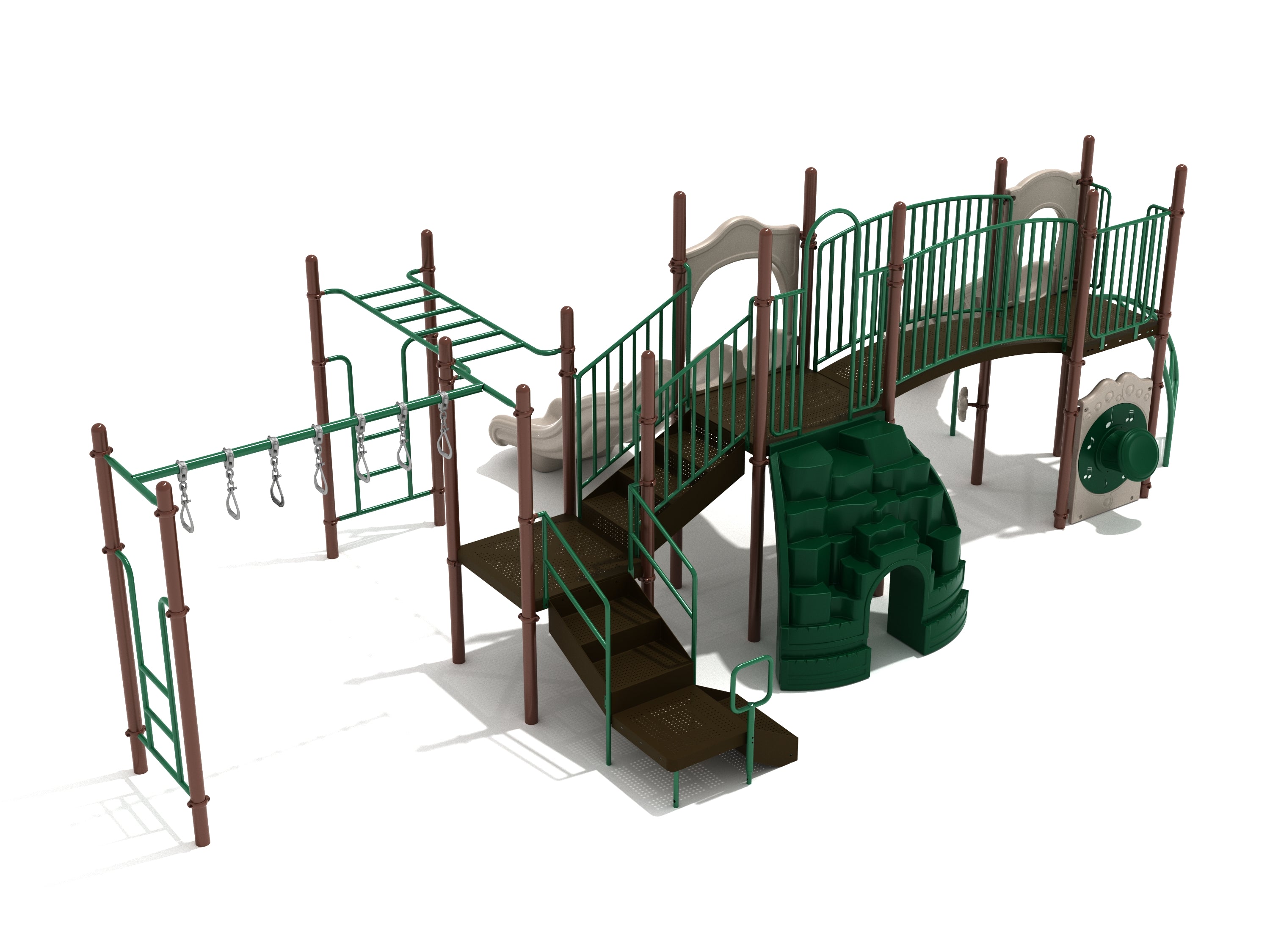 Whitefish Bay Playground large play system with green climbing structures, double wave and right turn slides, bridge, and musical drum panel