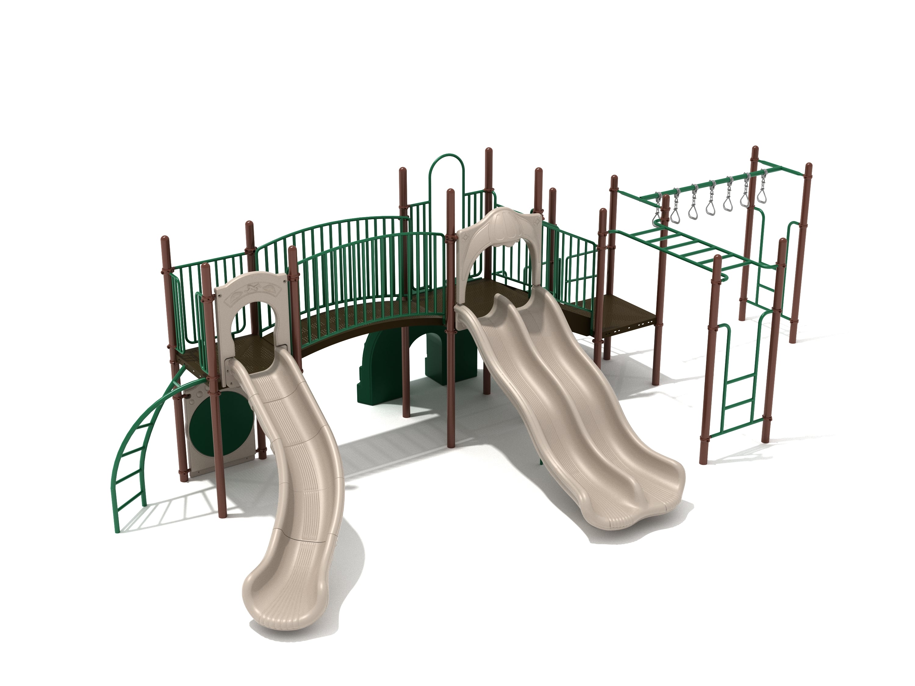 Outdoor playground structure with two beige slides, green climbing ladders, monkey bars, and curved bridge