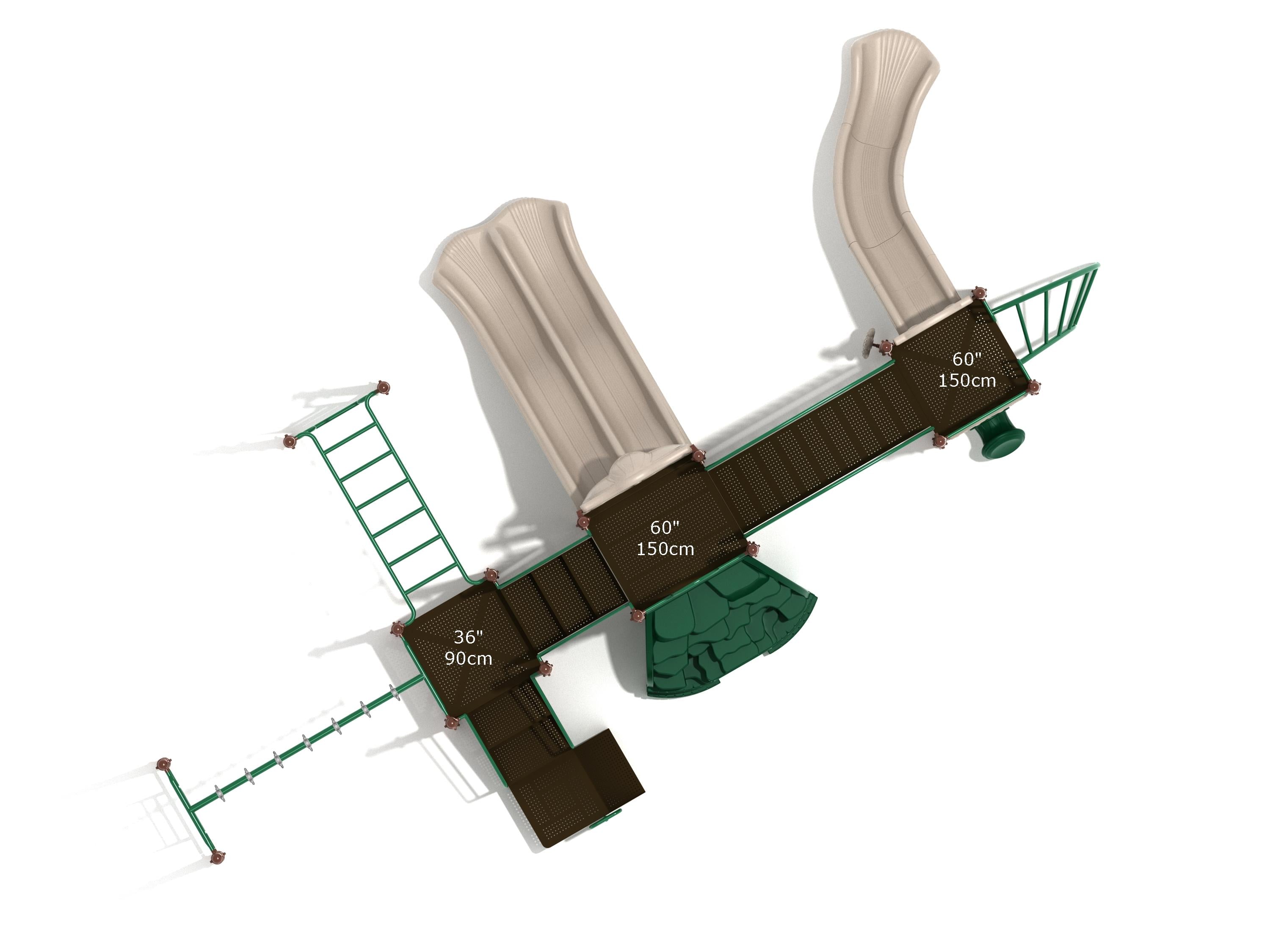 Overhead view of mid-sized playground with two beige slides, green climbing ladders, platforms, and activity panels