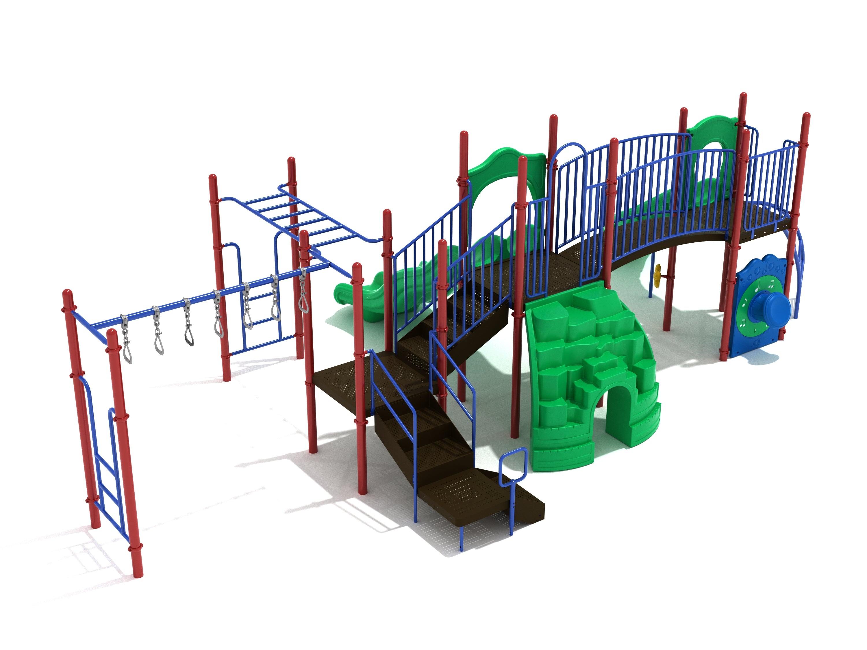 Colorful playground structure with climbing walls, slides, monkey bars, and a musical drum panel for active play