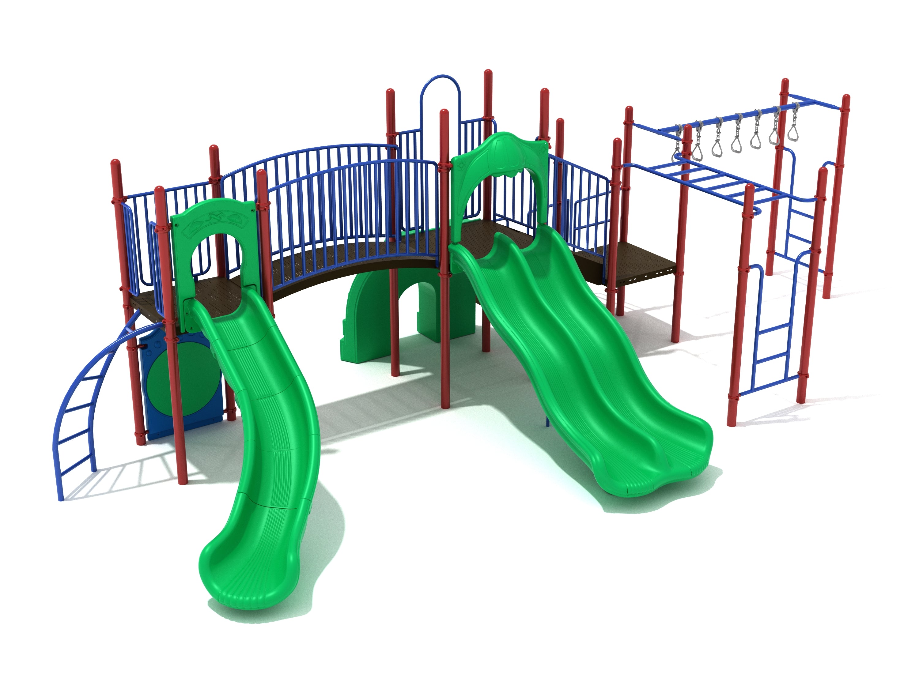 Mid-sized playground structure with green slides, blue climbing bars, red posts, featuring multiple climbing and sliding elements.