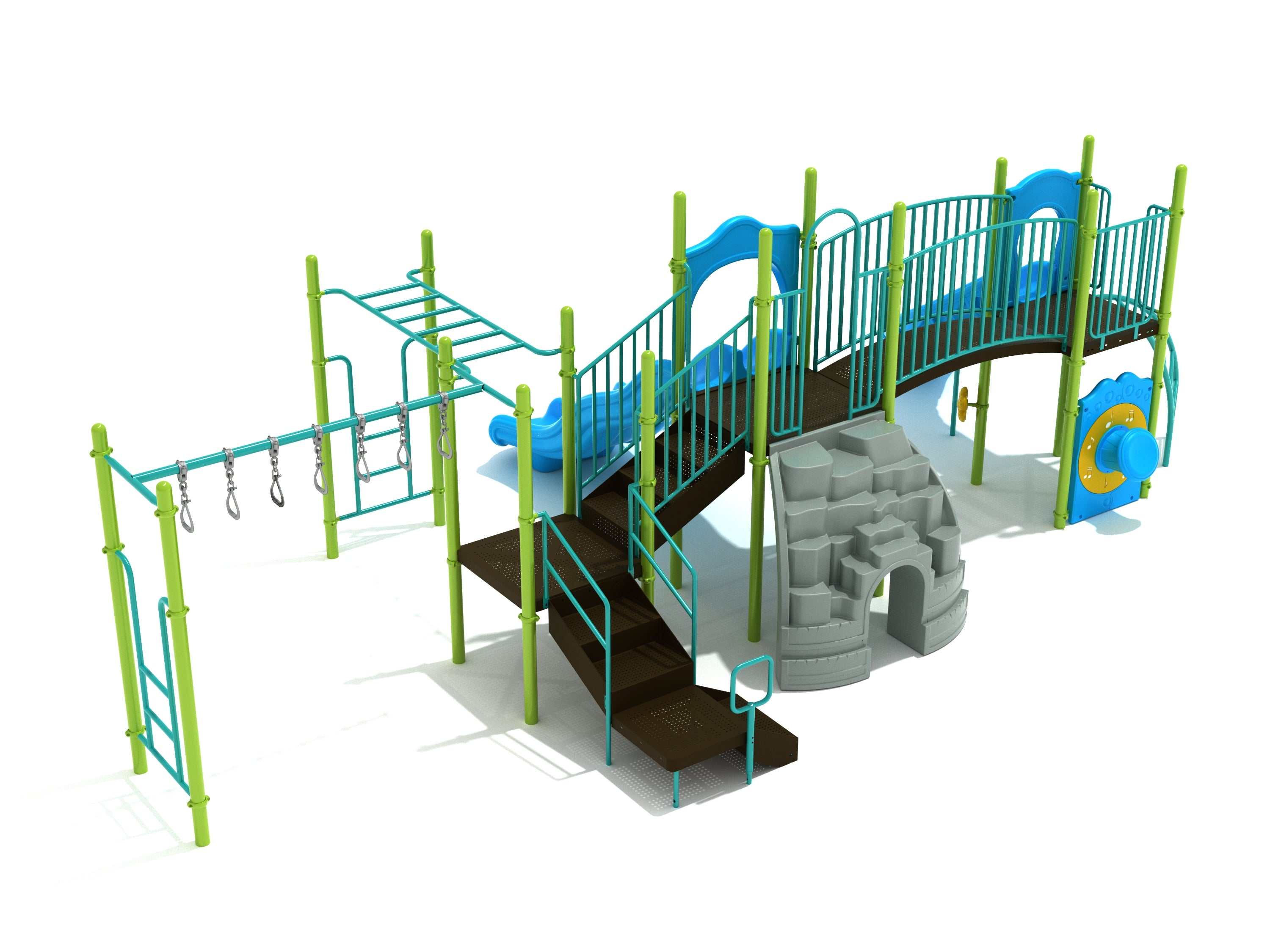 Colorful playground structure with slides, climbing wall, monkey bars, and musical drum panel for active play