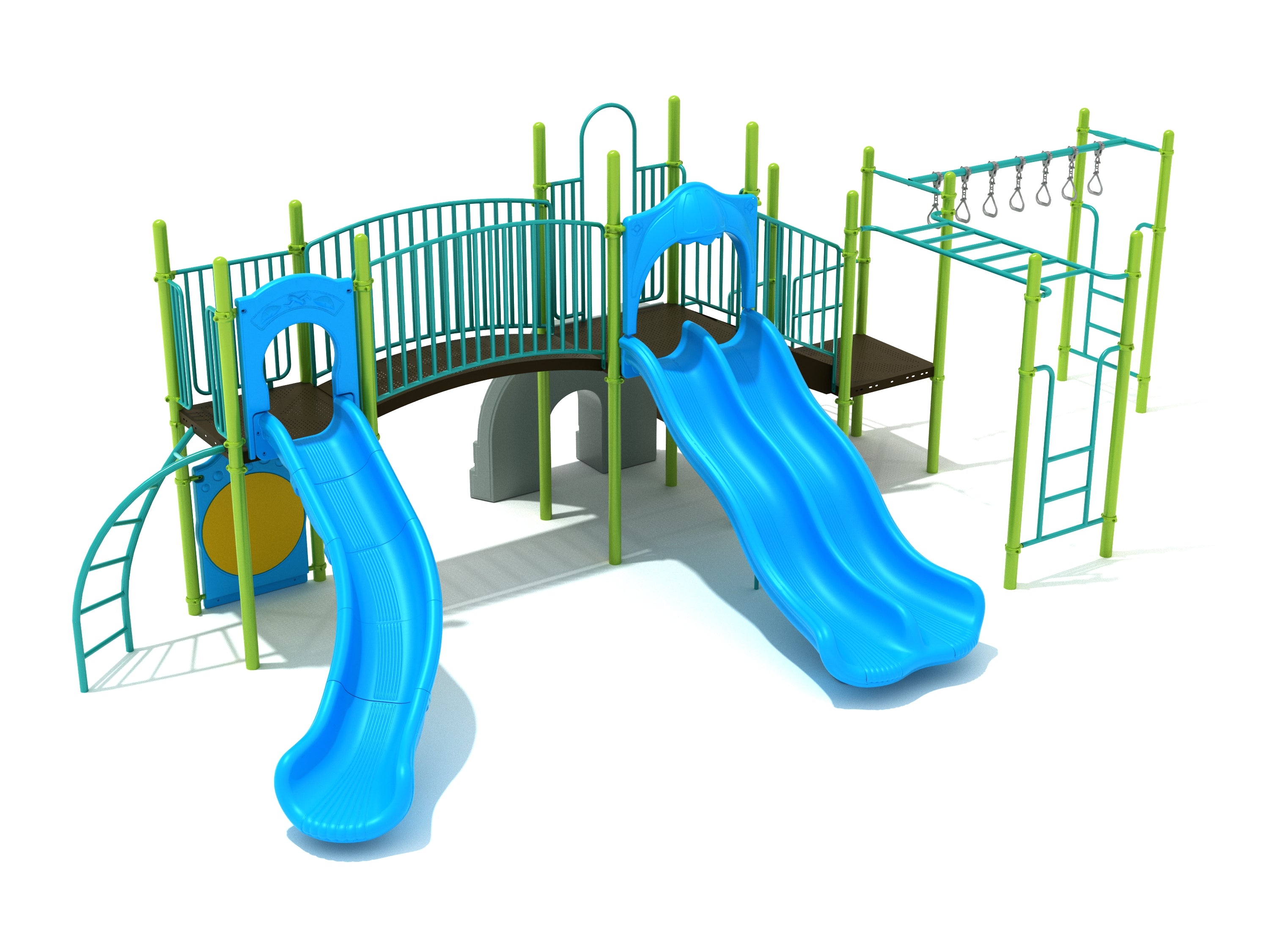 Colorful playground structure with blue slides, green climbing bars, curved bridge, and multiple climbing features for active play