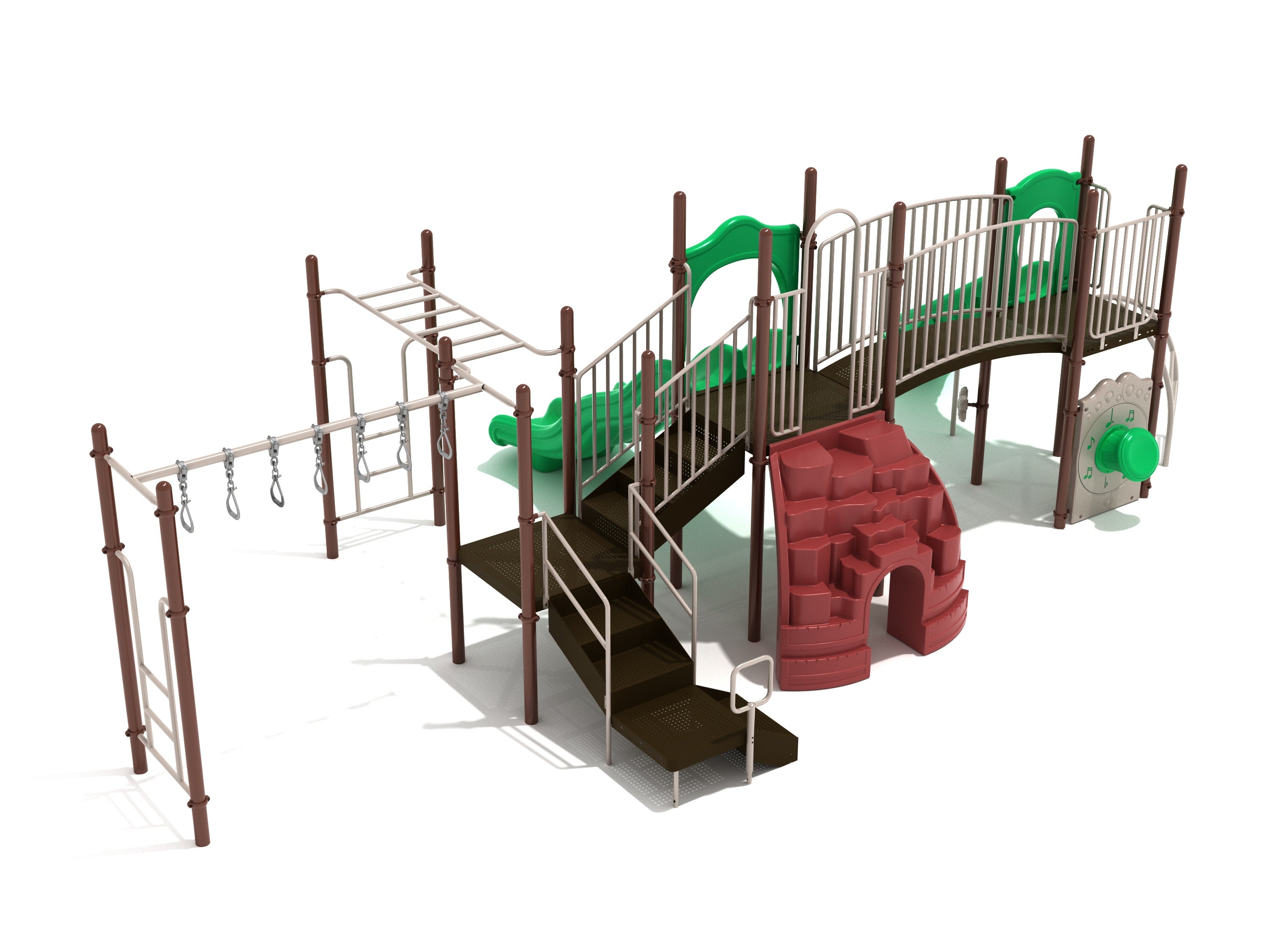 Elevated playground structure with stairs, green slides, climbing wall, overhead rings, and musical drum panel