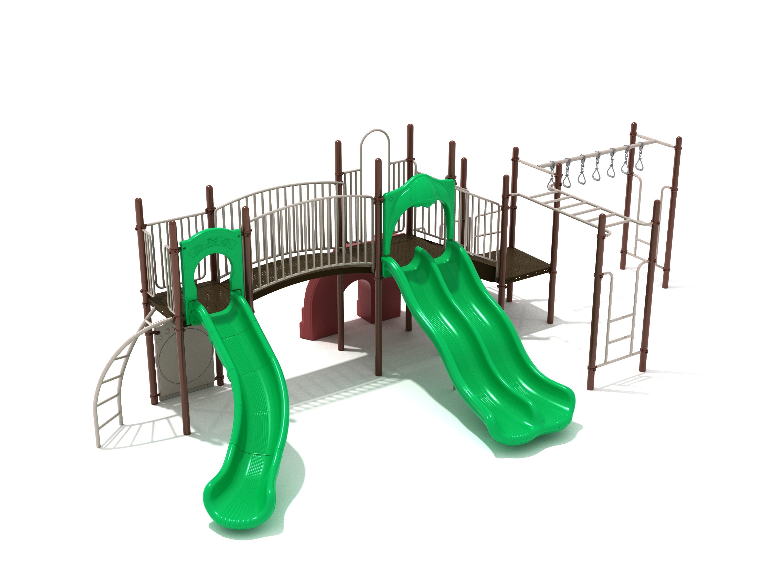 Playground structure with green single and double slides, curved bridge, climbing ladders, and overhead swinging rings.