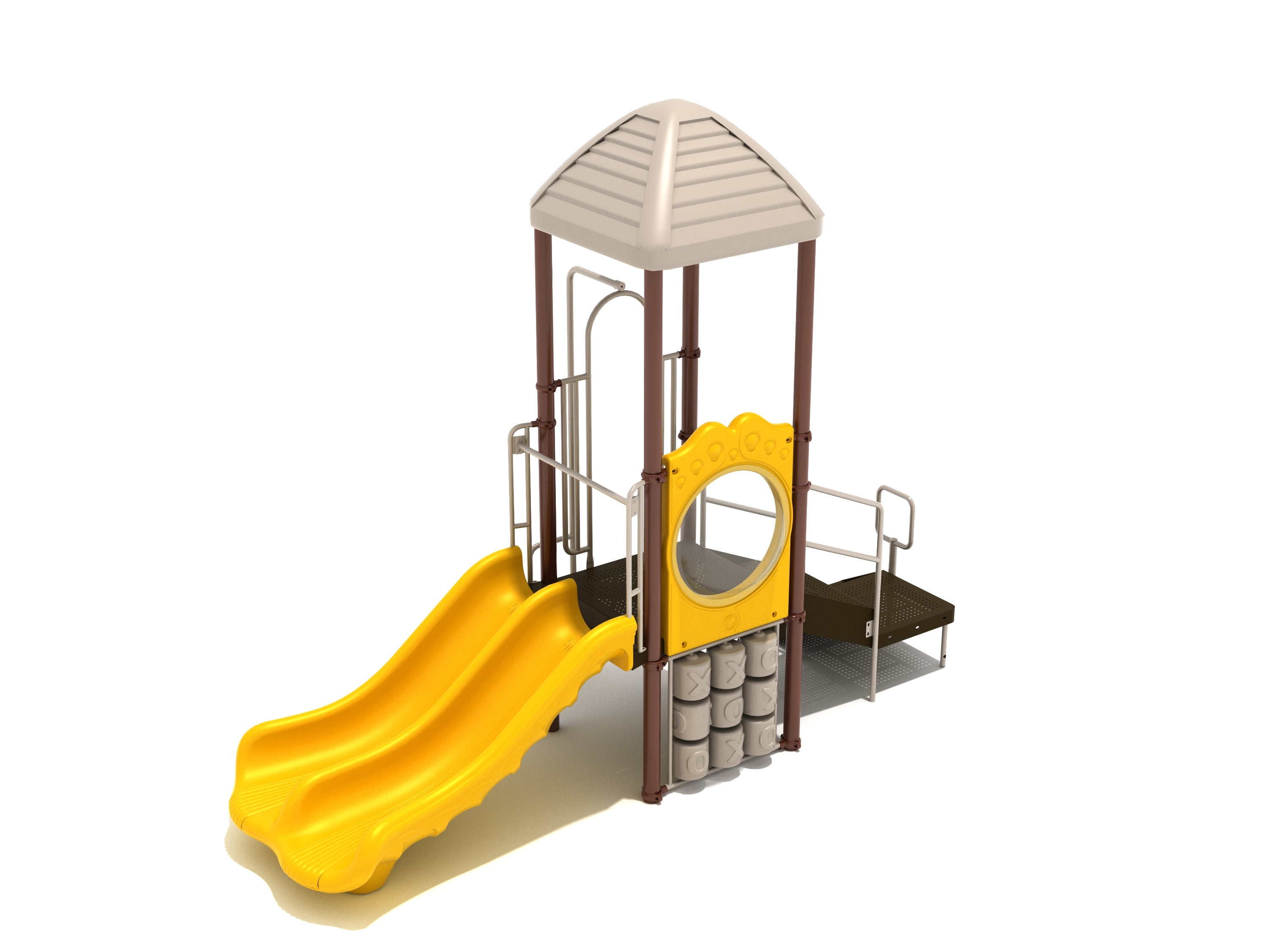 Compact play structure with yellow double slide, roof canopy, transfer station, snake climber, and tic-tac-toe panel.