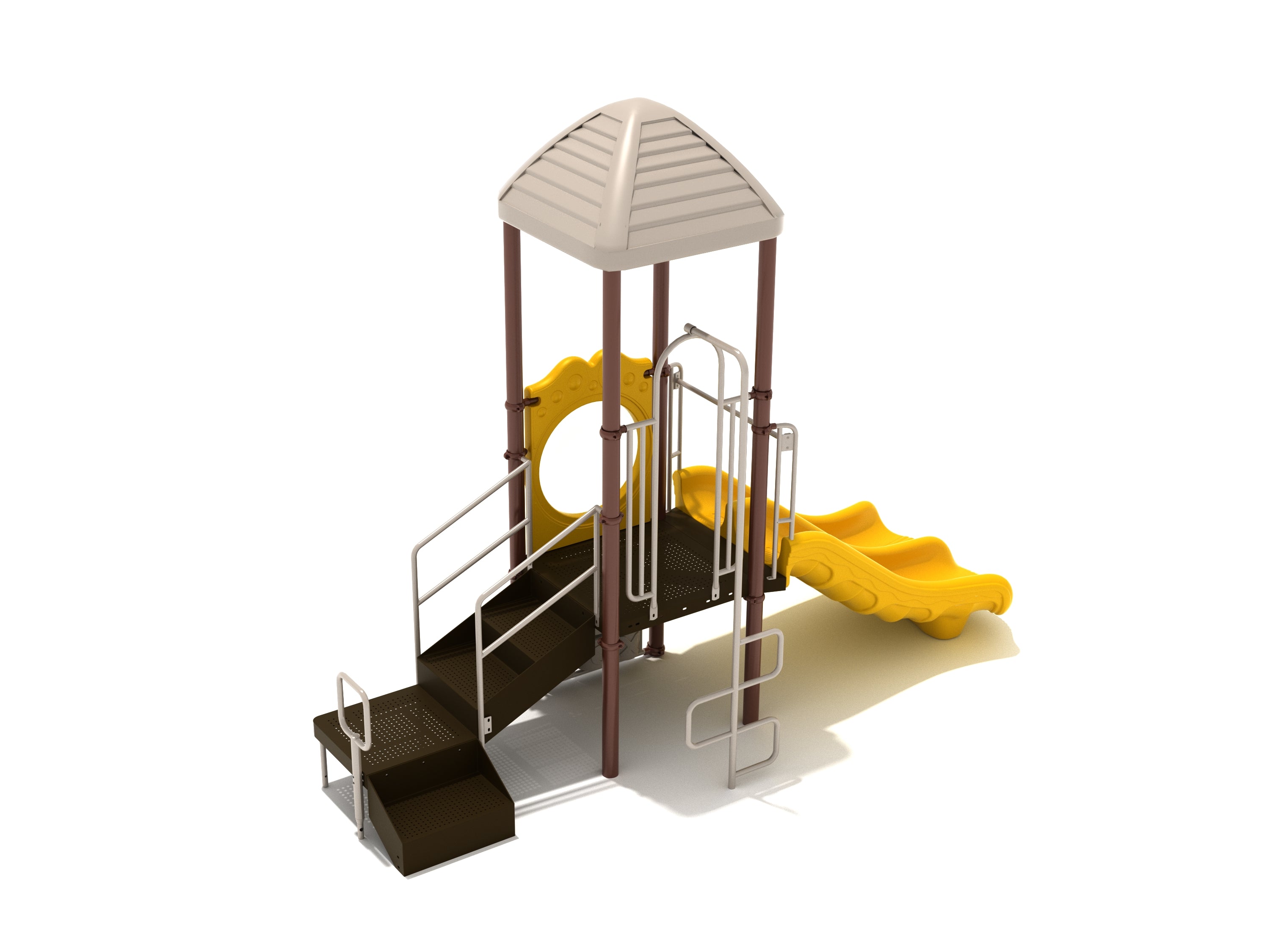 Compact playground with shaded deck, transfer steps, double wavy slide, tic-tac-toe panel, and metal rung climber.