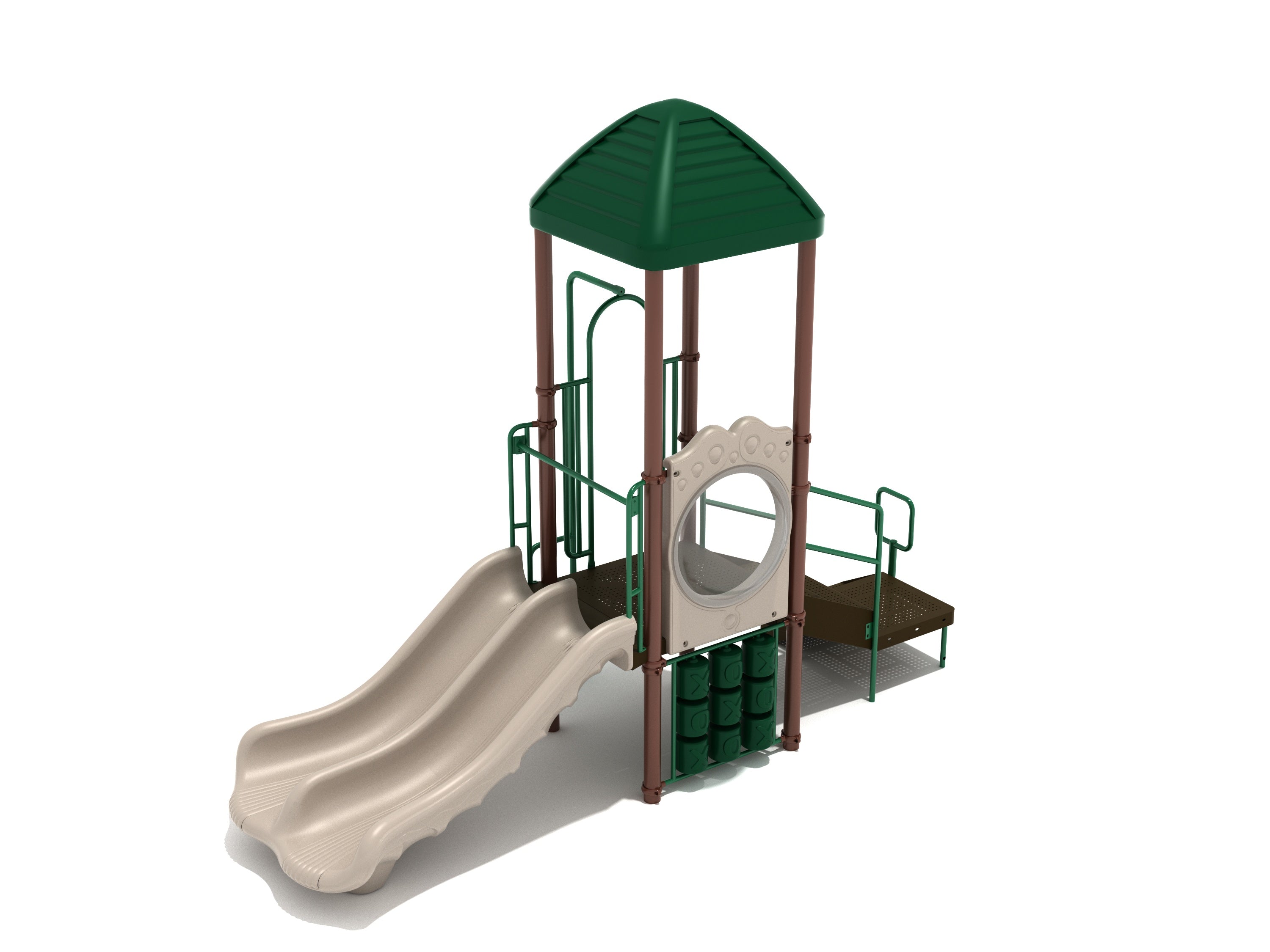 Gatlinburg Playground with double slide, tic-tac-toe panel, snake climber, and green roof play structure